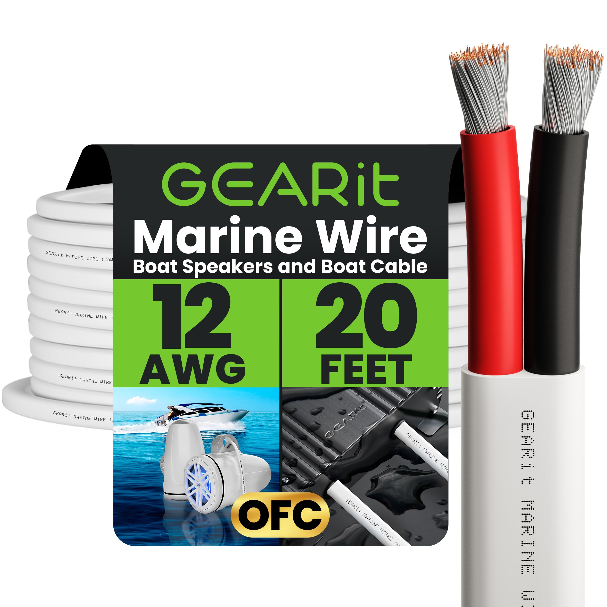 GearIT 12/2 Marine Wire (20 Feet) 12AWG Gauge - Tinned OFC Copper/Marine Grade Speaker Cable/Duplex / 2 Conductors - OFC Oxygen-Free Copper, White 20ft