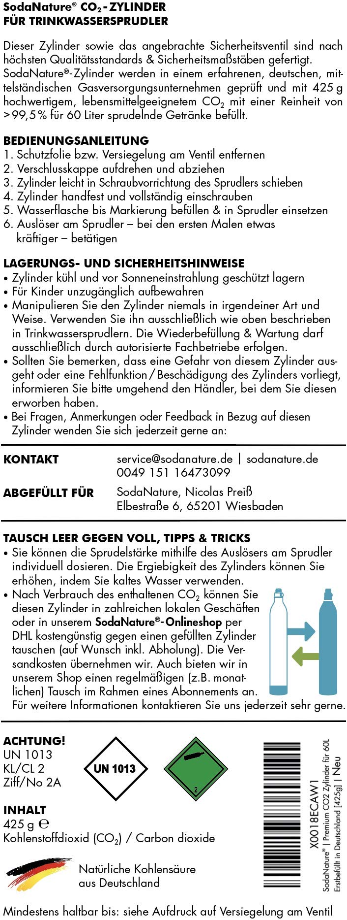 2x Premium 60L CO2 Zylinder für SodaStream (außer QC), Aarke etc. | Neu & Erstbefüllt in Deutschland | Natürliche Kohlensäure für 2x 60L | TÜV bis 2035 [425g]