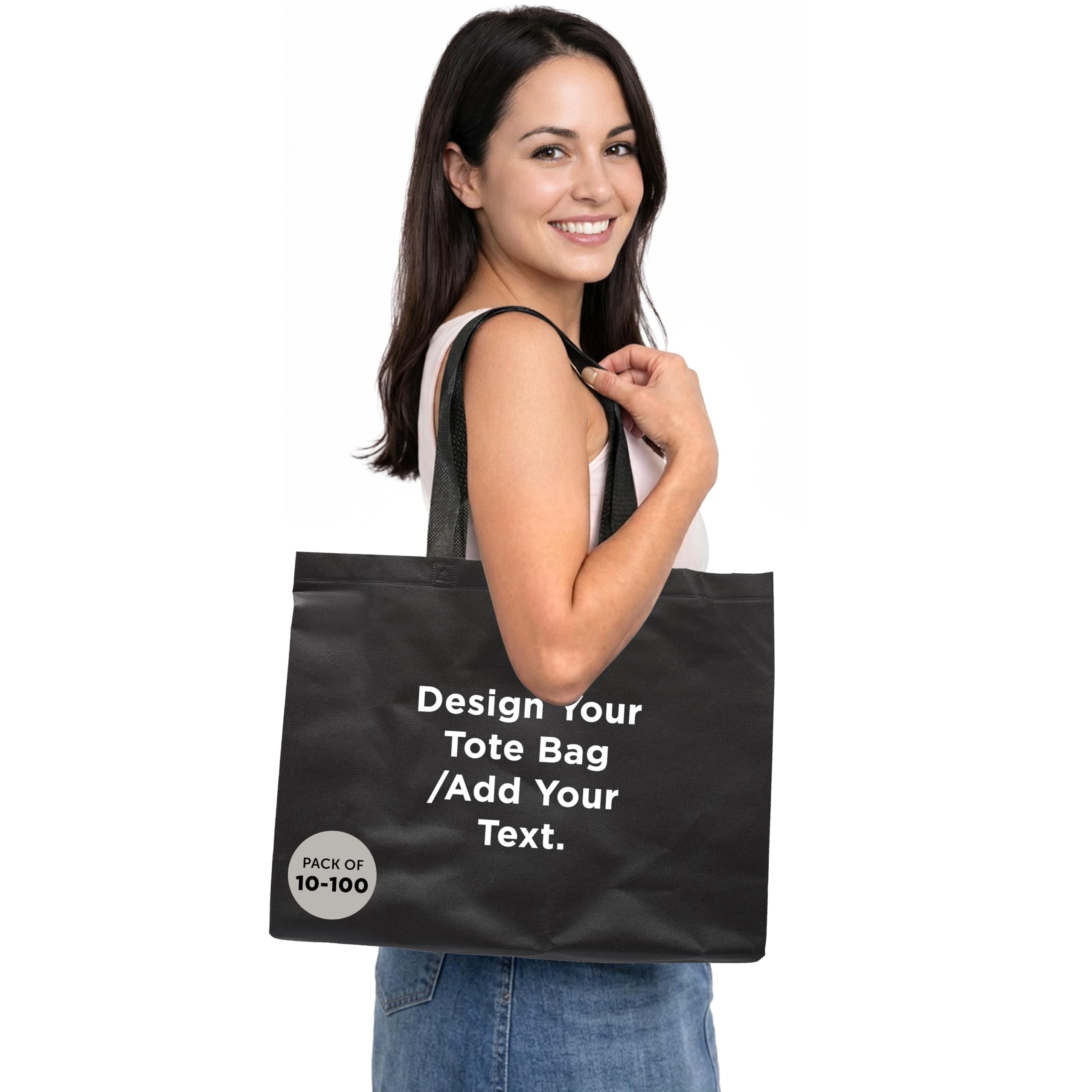 DISCOUNT PROMOS Custom Jumbo Sized Tote Bags Set of 10/50/100, Personalized Bulk Pack - Reusable Grocery Bags, Shopping Bags, Promotional Item Totes for Women - Black - Custom - Black 10/50/100 tote bags