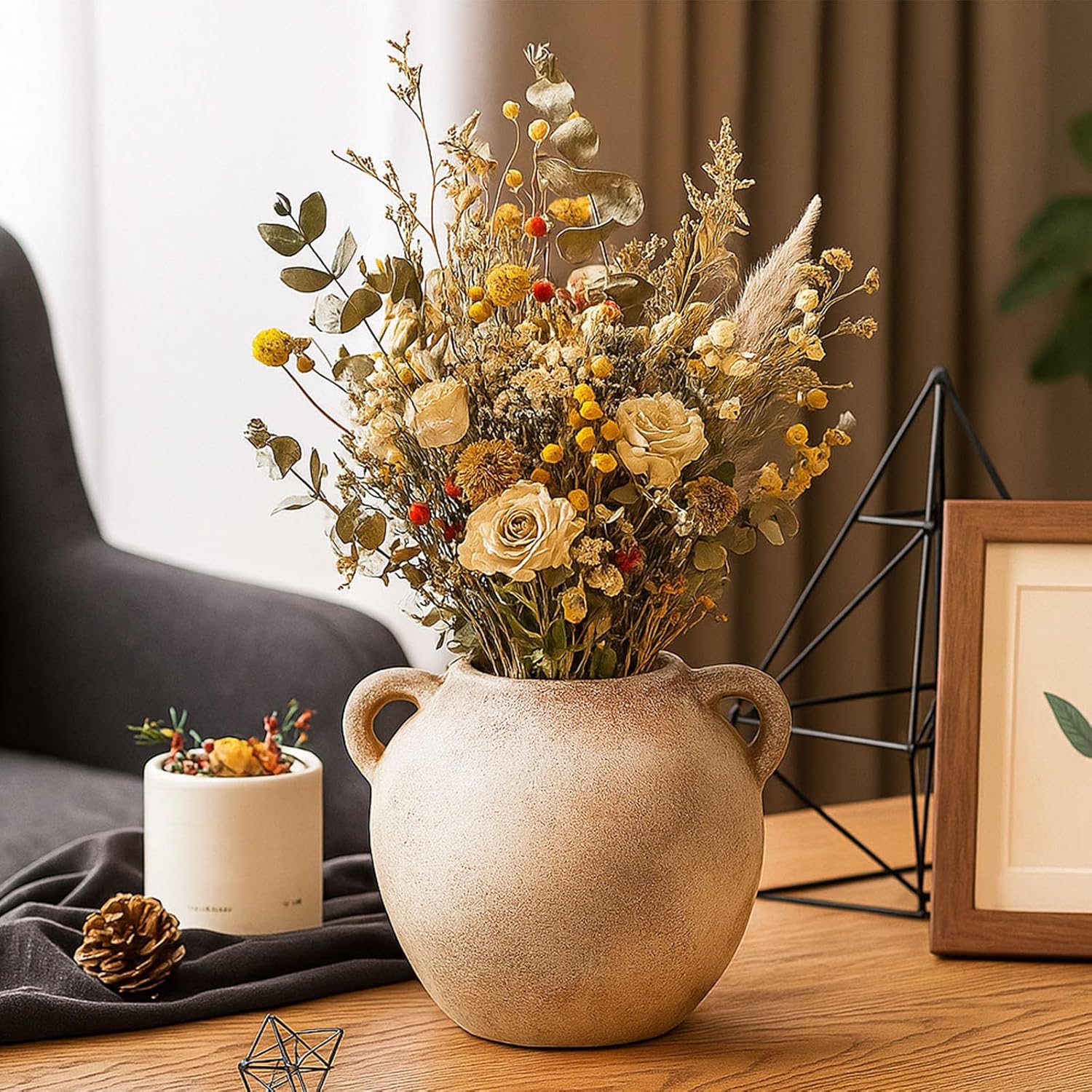 Rustic Ceramic Flower Vase with 2 Handles, Small Decorative Terracotta Boho Vase for Living Room, Table Centerpiece, Shelf Decor, Farmhouse, Entryway - 5.8 Inch Tall, Vintage Gray - Image 7