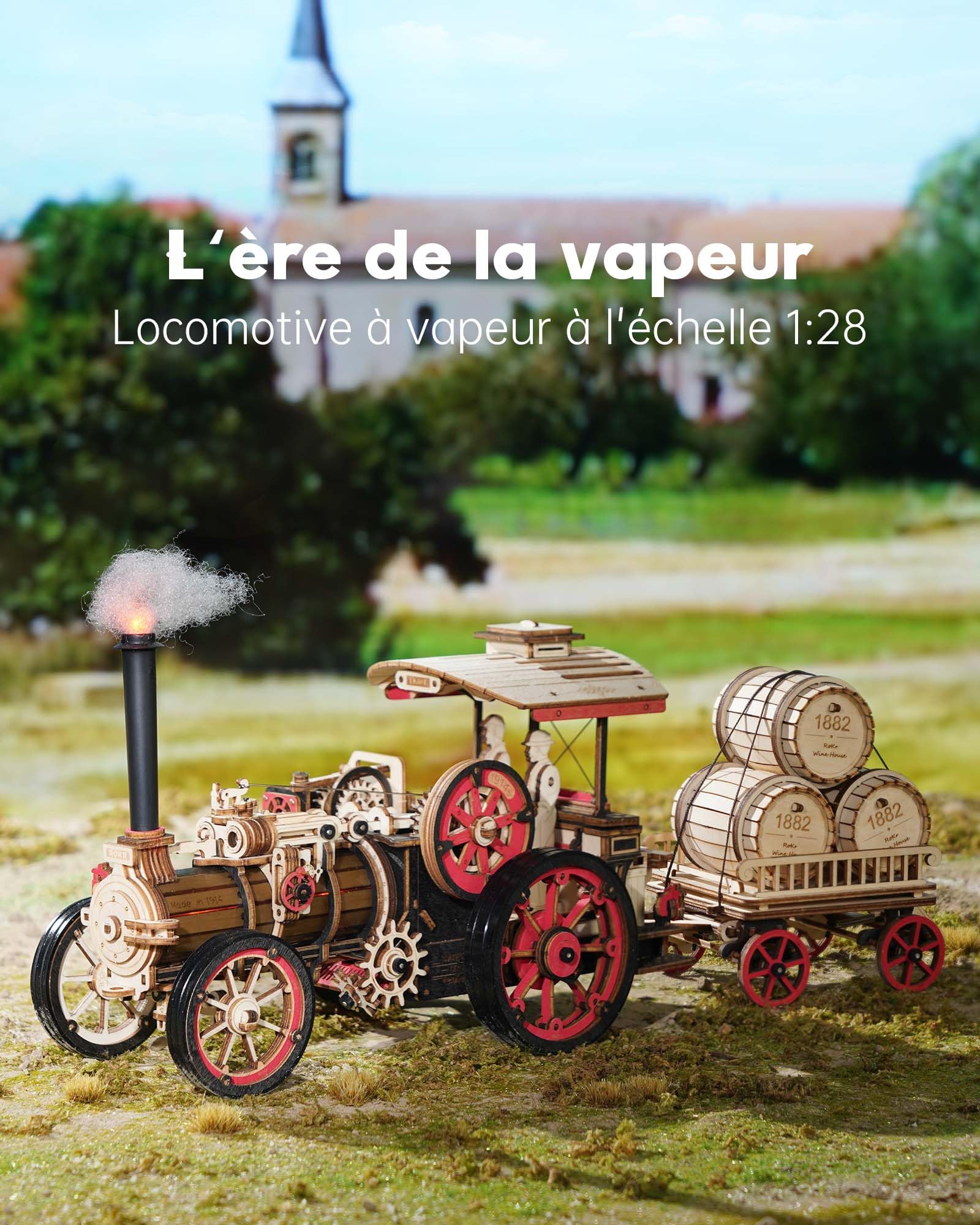 ROKR Puzzle 3D Voiture Bois, Maquette en Bois a Construire Maquettes de Locomotives à vapeur Puzzle en bois de voiture, 469 pièces, Steam Locomotive, LKA01