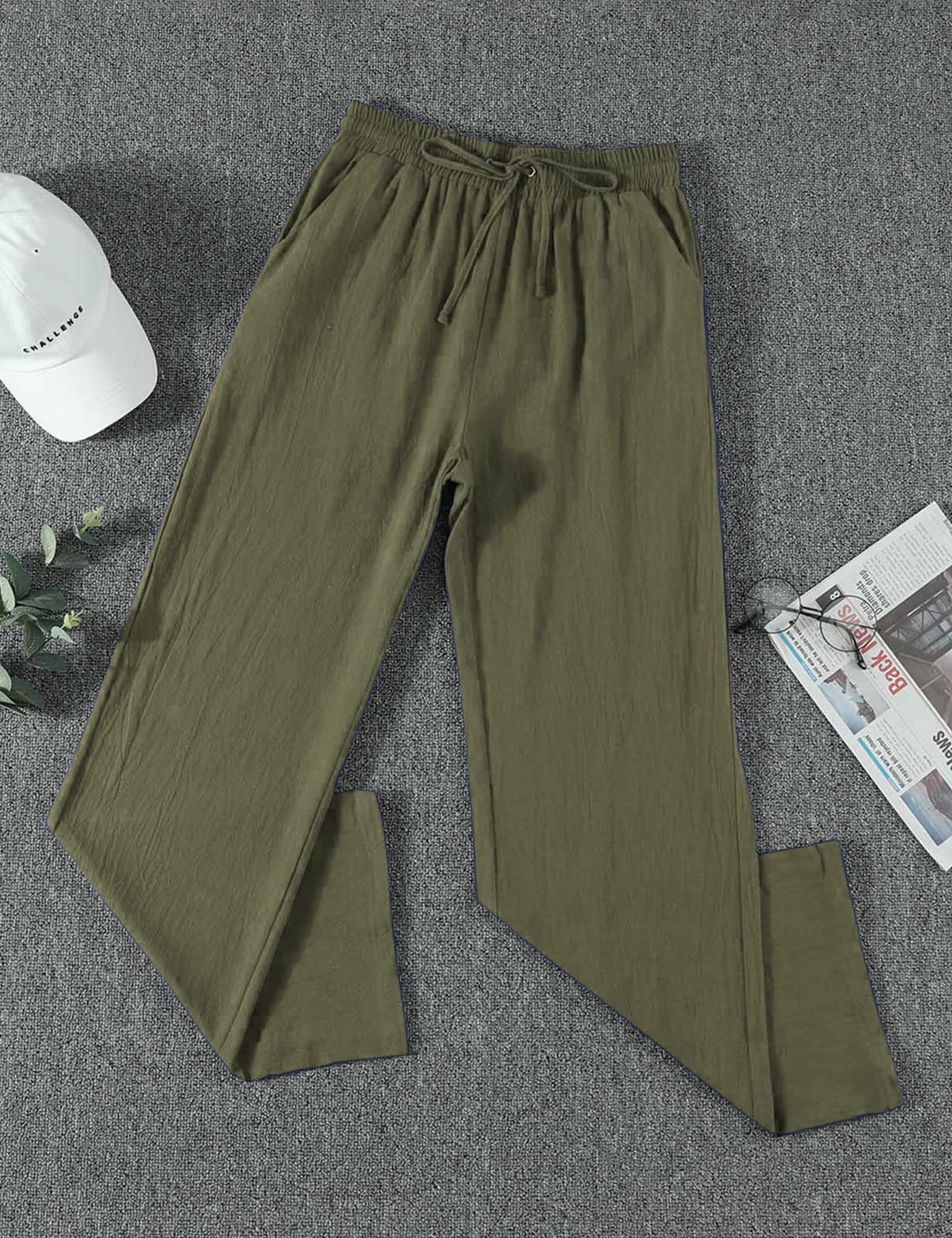 Voqeen Donna Pantaloni con Tasche Coulisse Estivi Confortevoli Casual Pantaloni in Cotone e Lino Semplici e alla Moda