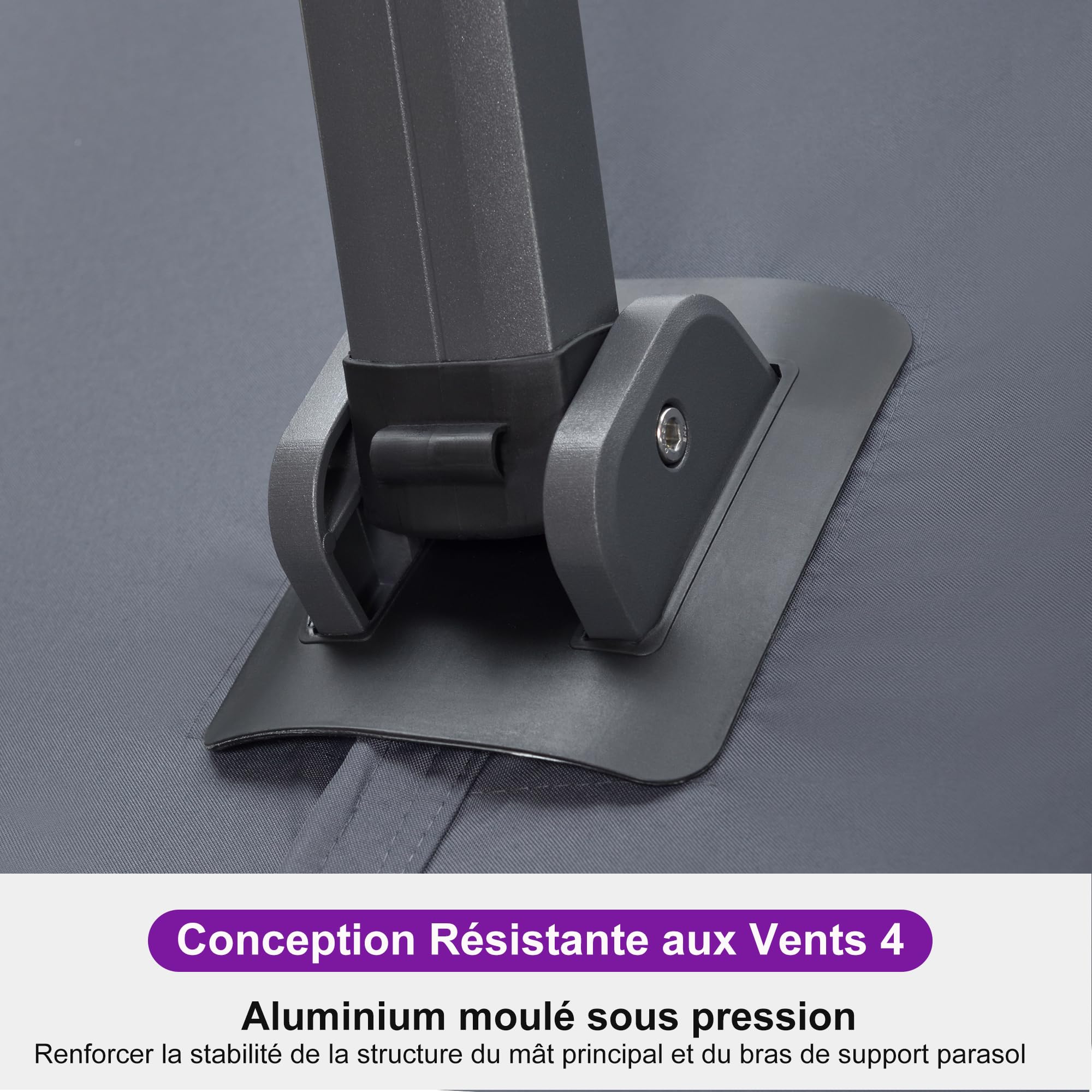 PURPLE LEAF Grand Parasol Déporté 3,65 x 3,65 m Aluminium Robuste, Gris | Mât renforcé Ø11 cm, Montage facile, Rotation 360°, Inclinaison 5 positions, Toile durable, Toile amovible et lavable