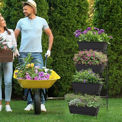 Miniatura 5 de OYEAL Jardinera elevada vertical de 4 niveles para interior y exterior, maceta elevada con patas, maceta elevada de hierbas para flores, verduras,