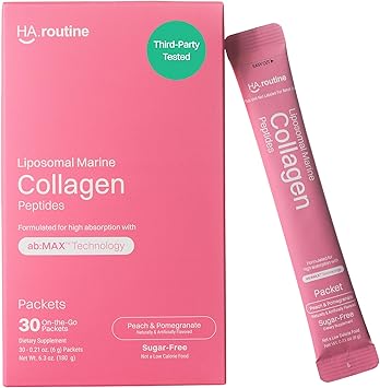 Haroutine Liposomal Marine Collagen Powder Packets, 2100mg Sugar-Free Flavored Powder, 190mg Vitamin C for Skin, Hair, and Nails, Supports Joint Health - 30 Packets, Peach Pomegranate Flavor