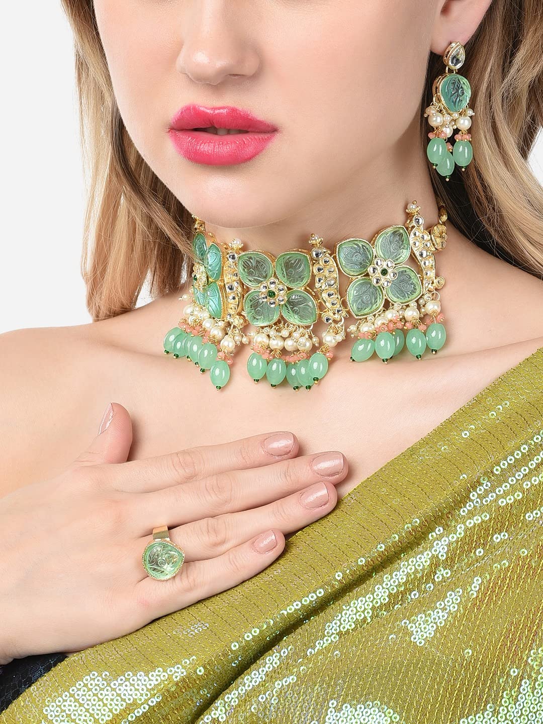 Kundan Choker Necklace Earring & Ring Set-ZPFK14722