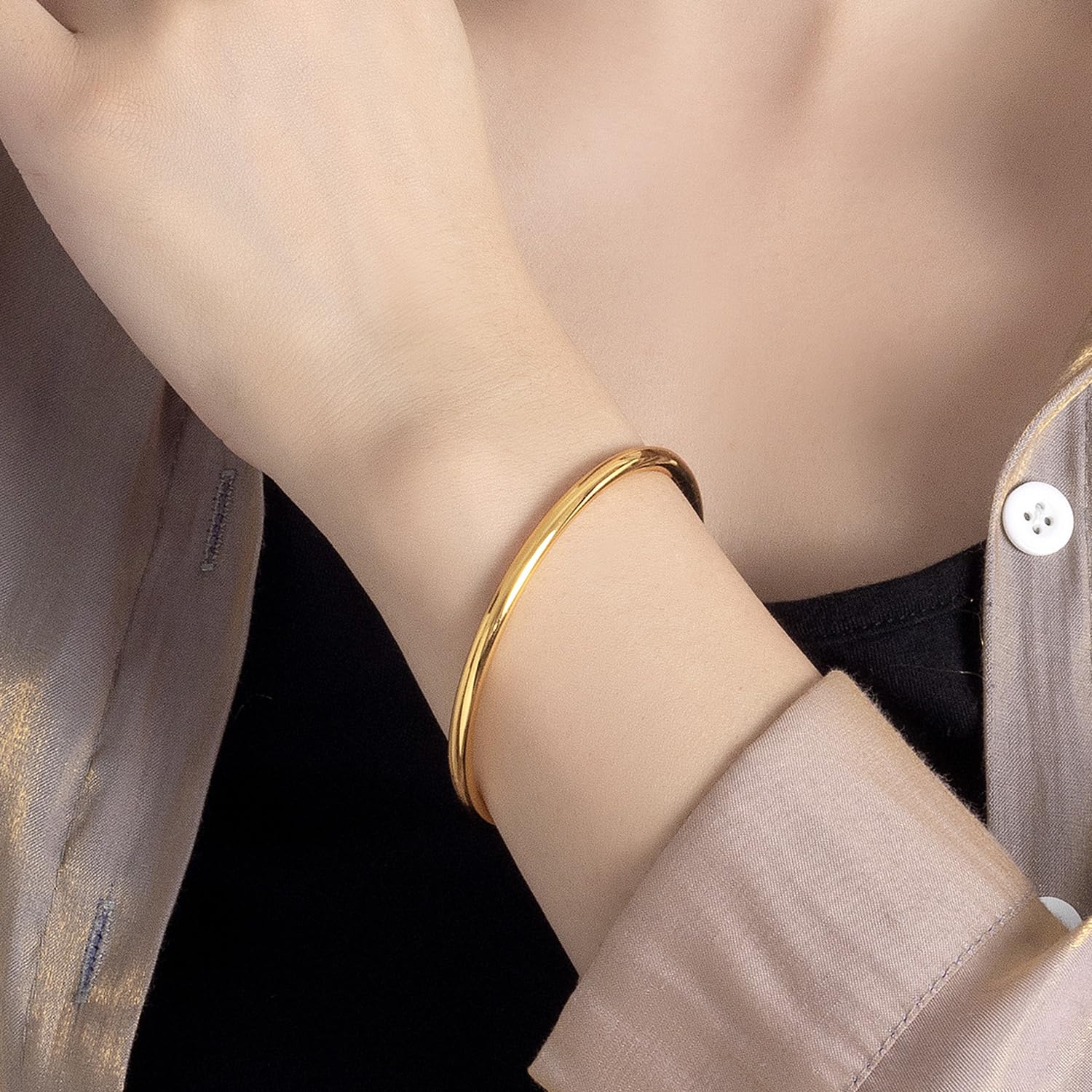 Dankadi Bracciale rigido lucido rotondo largo 4 mm in 925 argento per donna, set bracciale placcato oro liscio semplice classico Φ 60-65-68 mm per regalo di compleanno festa della mamma amica