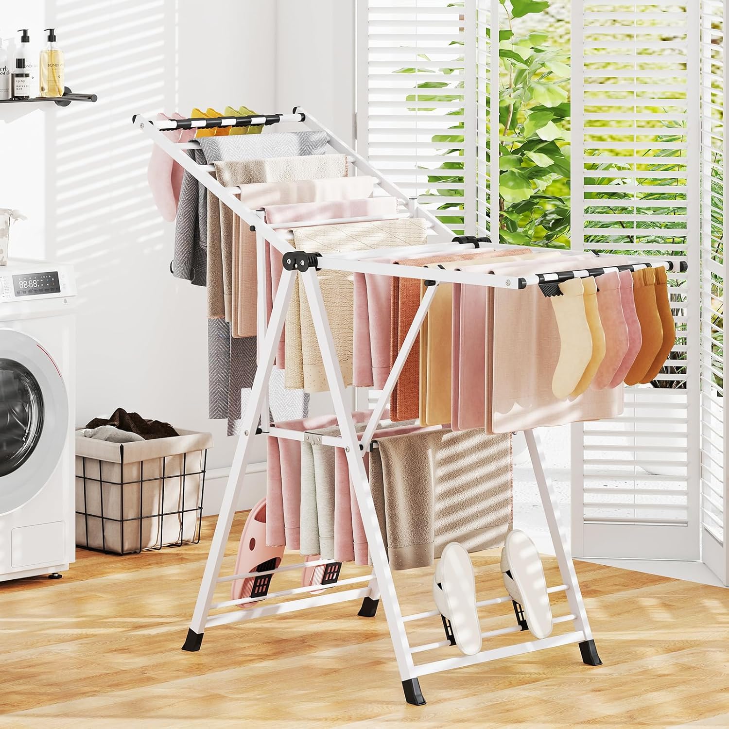 COSTWAY Clothes Drying Rack, Foldable 2-Level Laundry Drying Rack with Adjustable Wings, 16 Drying Rails, 28 Sock Clips & 4 Shoe Racks, Space Saving Metal Clothing Racks for Indoor & Outdoor, White