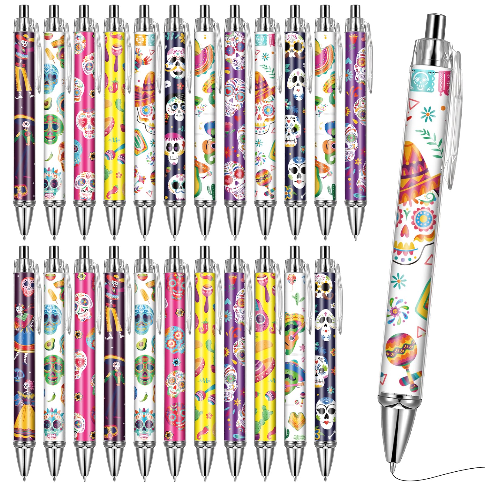 VorkiVecKi Sugar Skull Ballpoint Pens - 24 Pcs Colorful Day of the Dead Retractable Black Ink Ball Point Pen Gifts for Women Fine Writing Smooth