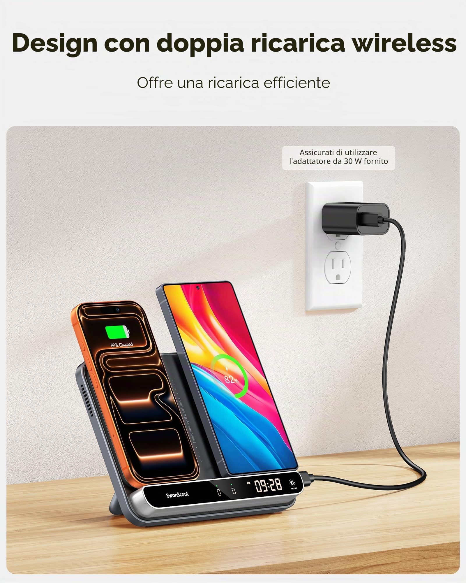 Doppio Caricatore Wireless per 2 Telefoni, Stazione Ricarica per iPhone Air/17 Pro/17 Pro Max/17/16/15/14/13/12, Samsung Galaxy S25/S24/S23/S22, Galaxy Buds, SwanScout 504 (Black & Tech Grey)