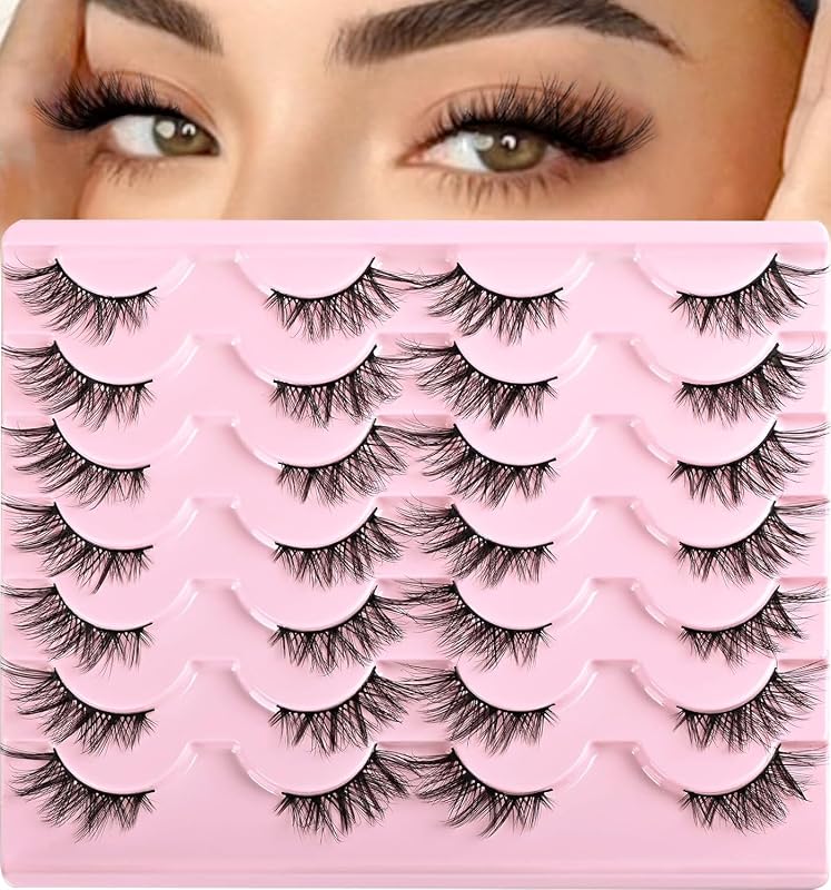 Cílios postiços meia-lua QUNETY estilo cat-eye, efeito wispy, 14 pares, 8–15 mm
