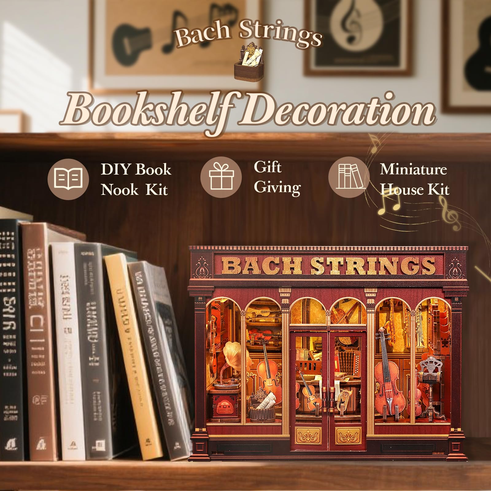 CUTEBEE Book Nook Kit - Casa delle Bambole a Tema Musica Classica, Casa in Miniatura Vintage con Luci LED, Decorazione per Libreria, (Bach Strings)