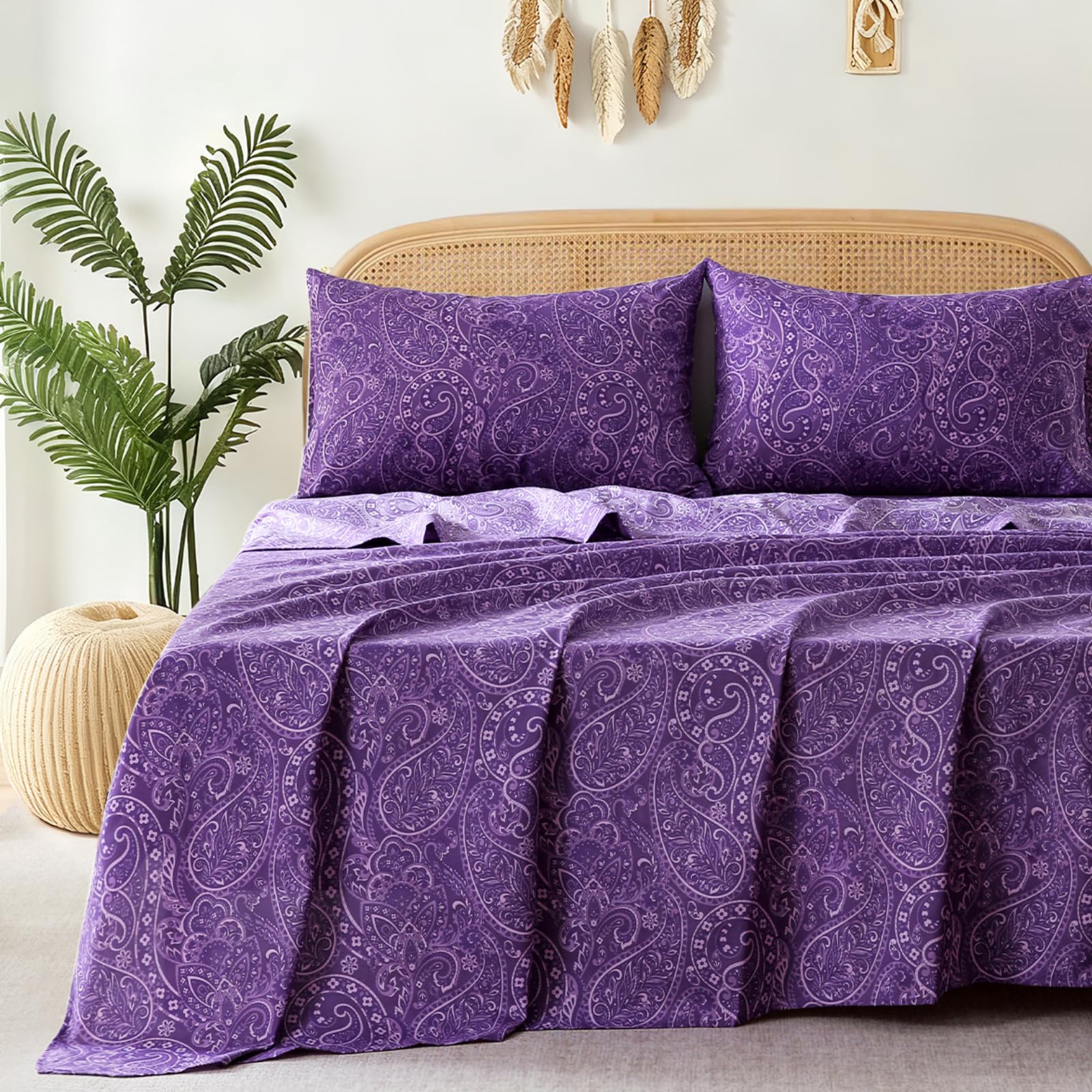 Queen Size Bed Sheets 4 Piece Floral Pattern Sheets Queen 17 Deep Pocket Sheets Purple Paisley