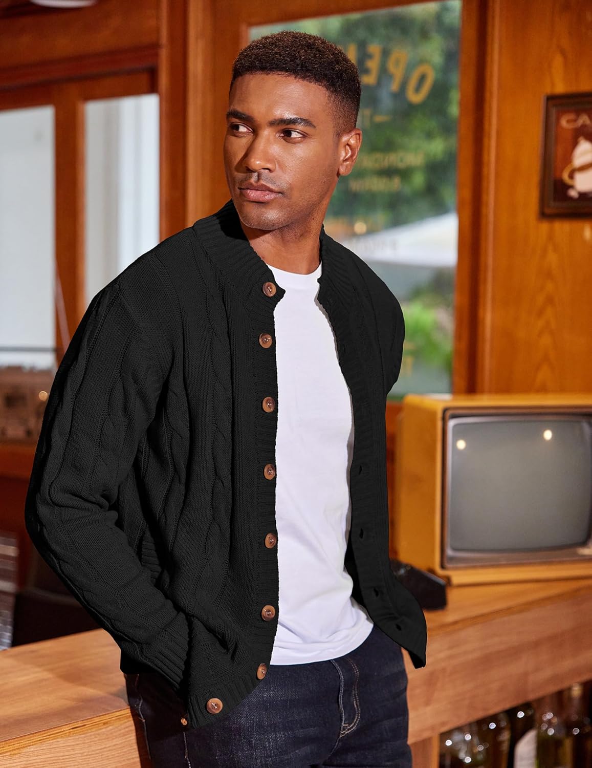 COOFANDY Men's Cardigan Sweater Slim Fit Stand Collar Cardigan Casual Cable Knitted Button Down Sweater with Pockets - Image 2