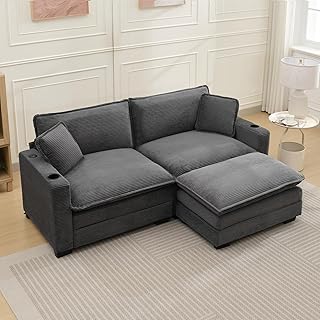 KIVENJAJA Corduroy Cloud Sectional Couch, Modular Oversized Loveseat Sofa with Ottoman, Cup Holders & USB Port, Comfy 2 Seater Love Seat for Living Room Small Space, 82.7”W, Grey