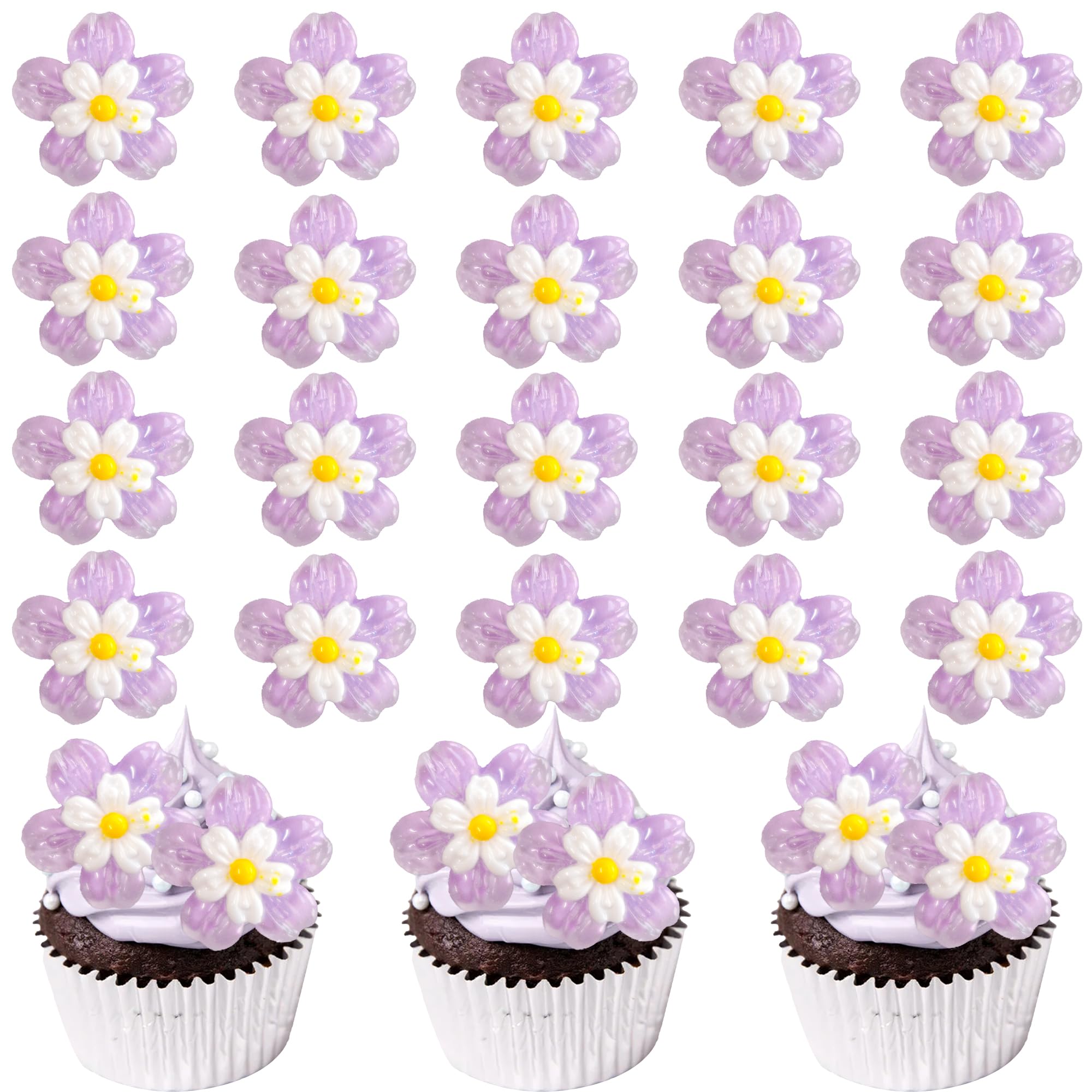 Gyufise 30Pcs Cherry Blossom Cupcake Toppers Peach Blossom Flowers Cupcake Picks Flowers Birthday Decorations for Bridal Engagement Baby Shower Birthday Wedding Party Supplies Purple 3