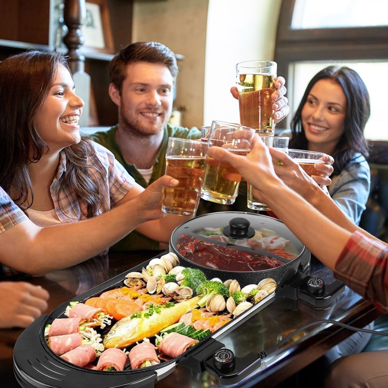 Hot Pot with Grill, 2 in 1 Non-Stick Electric Hot Pot 2200W, Smokeless Korean BBQ Grill, Shabu Shabu Pot for 2-12 People, Electric Grill Independent Dual Temperature Control