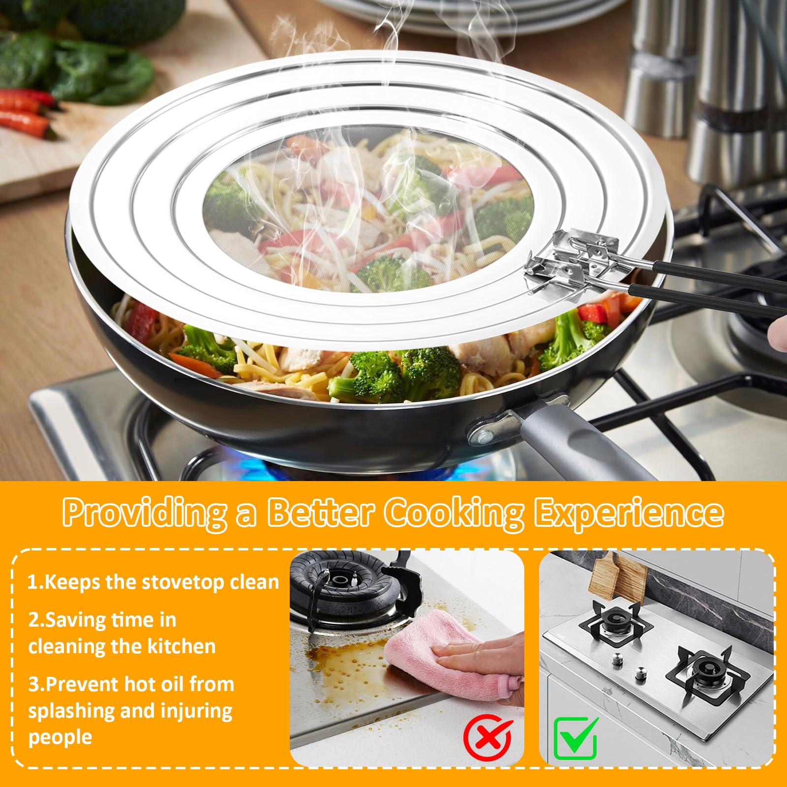 Zocipro Tapa Sarten Antisalpicaduras, Protector Salpicaduras Cocina de Acero Inoxidable con Mango de Silicona Plegable, Protector Universal de Salpicaduras para Sartenes de 20, 24 y 28cm