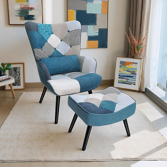 Patchwork Chair,Accent Armchair with Ottoman Single Sofa with Footstool and Pillow,Fabric Upholstered High Back Armchairs Lounge Chair for Living Room Reading Bedroom Sky-blue