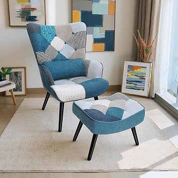 Patchwork Chair,Accent Armchair with Ottoman Single Sofa with Footstool and Pillow,Fabric Upholstered High Back Armchairs Lounge Chair for Living Room Reading Bedroom Sky-blue