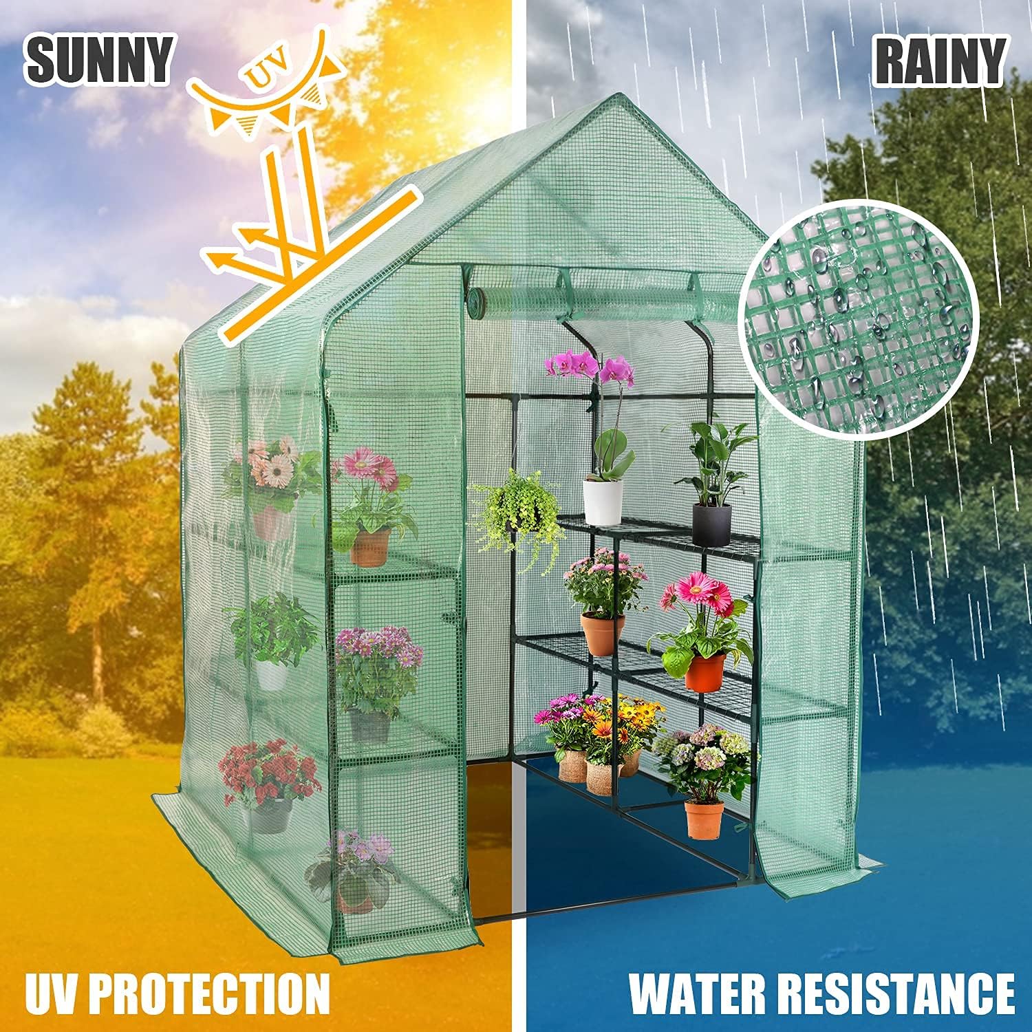 Walk-in Greenhouse - 3 Tiers 8 Shelves Plant Stands, Outdoor With Anchors Roll-up Zipper Door, Waterproof Gardening, PE Cover, 56"x56"x77"