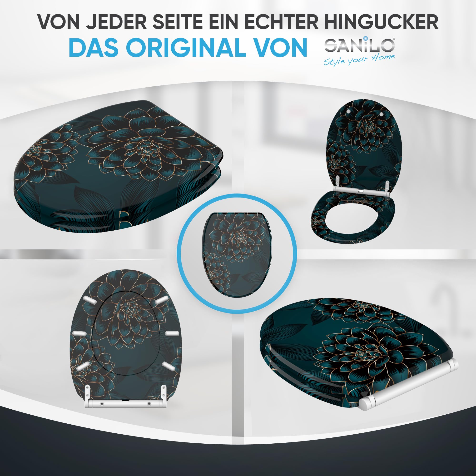 Sanilo WC Sitz mit Absenkautomatik, viele neue Toilettendeckel zur Auswahl, hochwertige Oberfläche, einfache Montage, stabile Scharniere (Dahlien)
