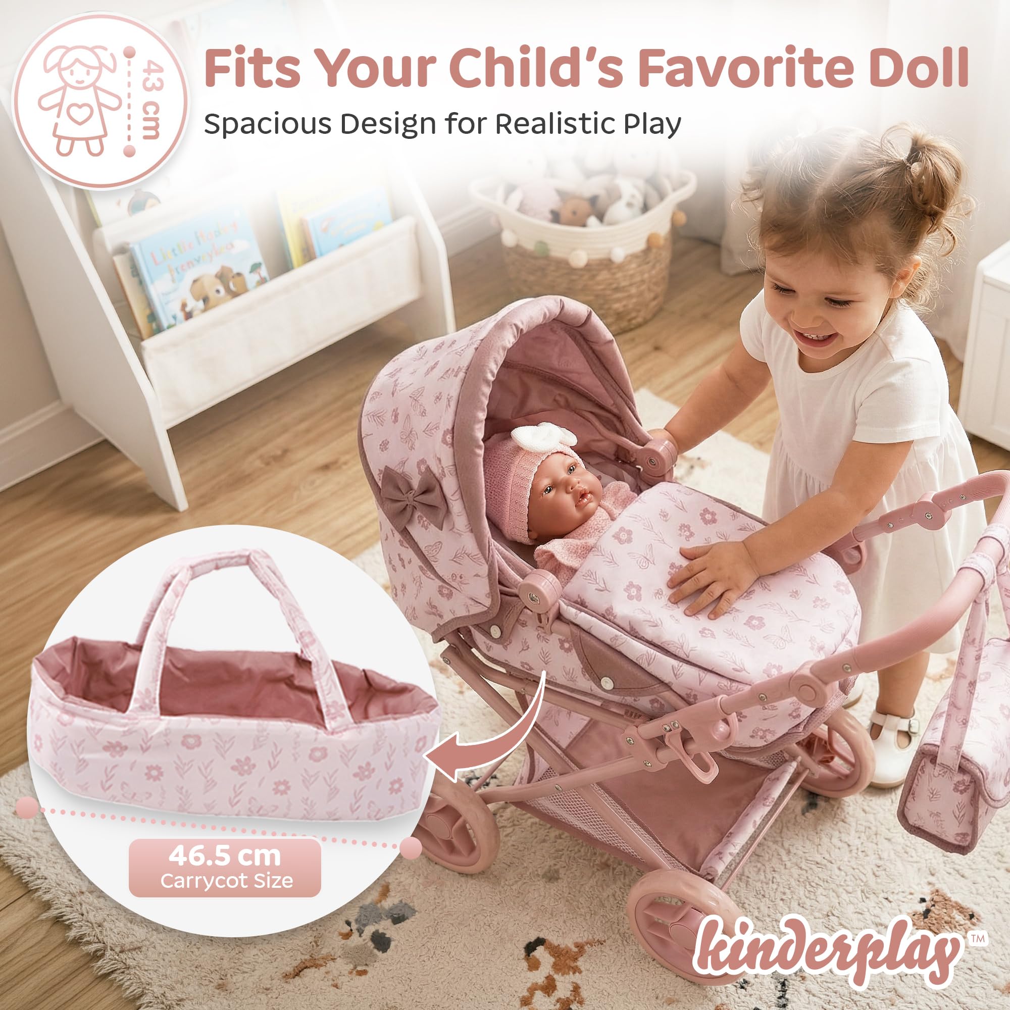 Kinderplay Wózek dla lalek 3 w 1 z torbą do przenoszenia, wózek dla lalek z regulacją wysokości 36,5-64 cm, składany wózek dziecięcy z cichymi kółkami piankowymi, dla lalek do 40 cm, od 3 lat