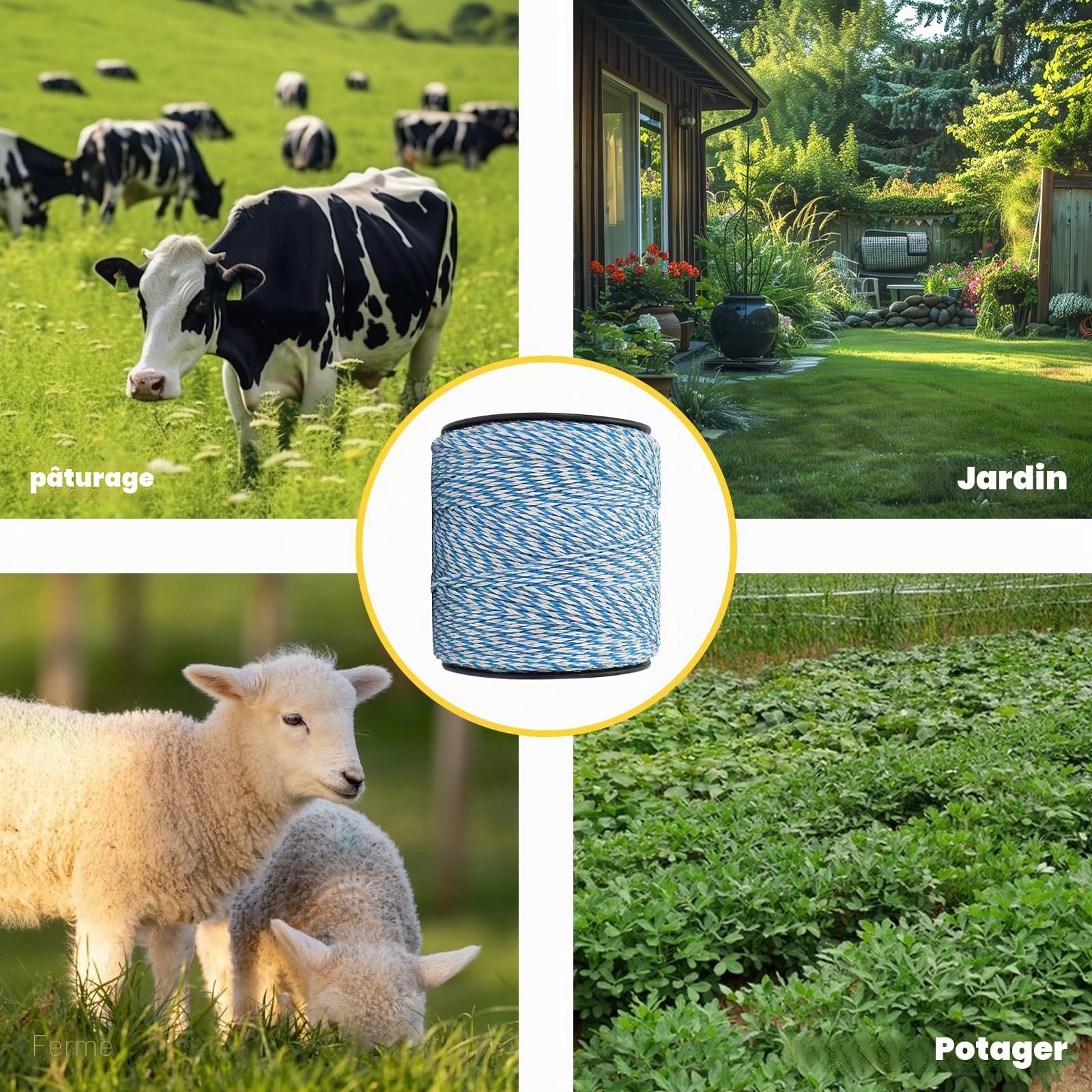 Qivine 500m Fil de Clôture Électrique, 6 Brins Corde de Clôture Électrique, Corde Conductrice en Acier Inoxydable, Accessoire de Haute Conductivité pour Ferme, Bétail, Mouton