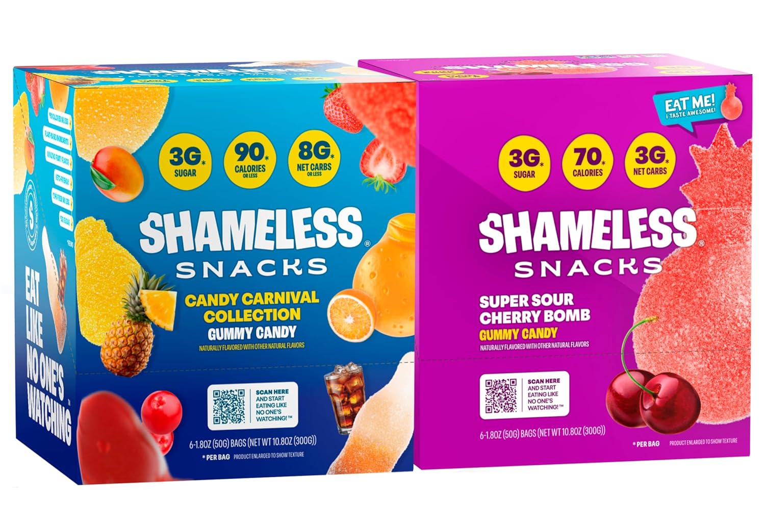 Shameless Snacks Duo: 6 Pack Cherry Bomb & 6 Pack Candy Carnival Bundle- Healthy Low Sugar Snacks - Pineapple, Mango, Orange, Strawberry & Cola Gummies - Vegan, Gluten-Free, Low-Calorie