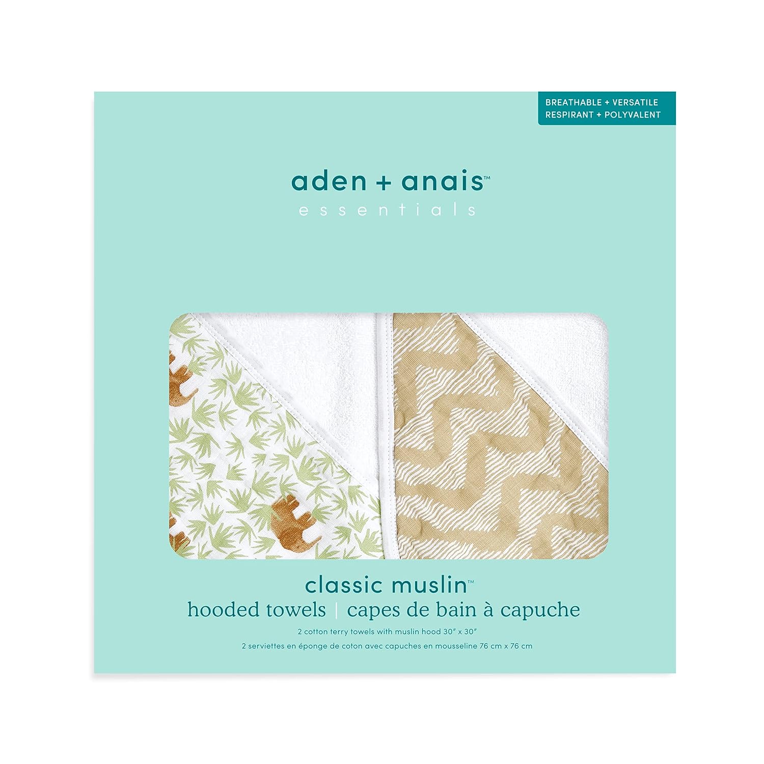 aden + anais Essentials Hooded Baby Bath Towel, Super Soft 100% Cotton, 2 Pack, Tanzania