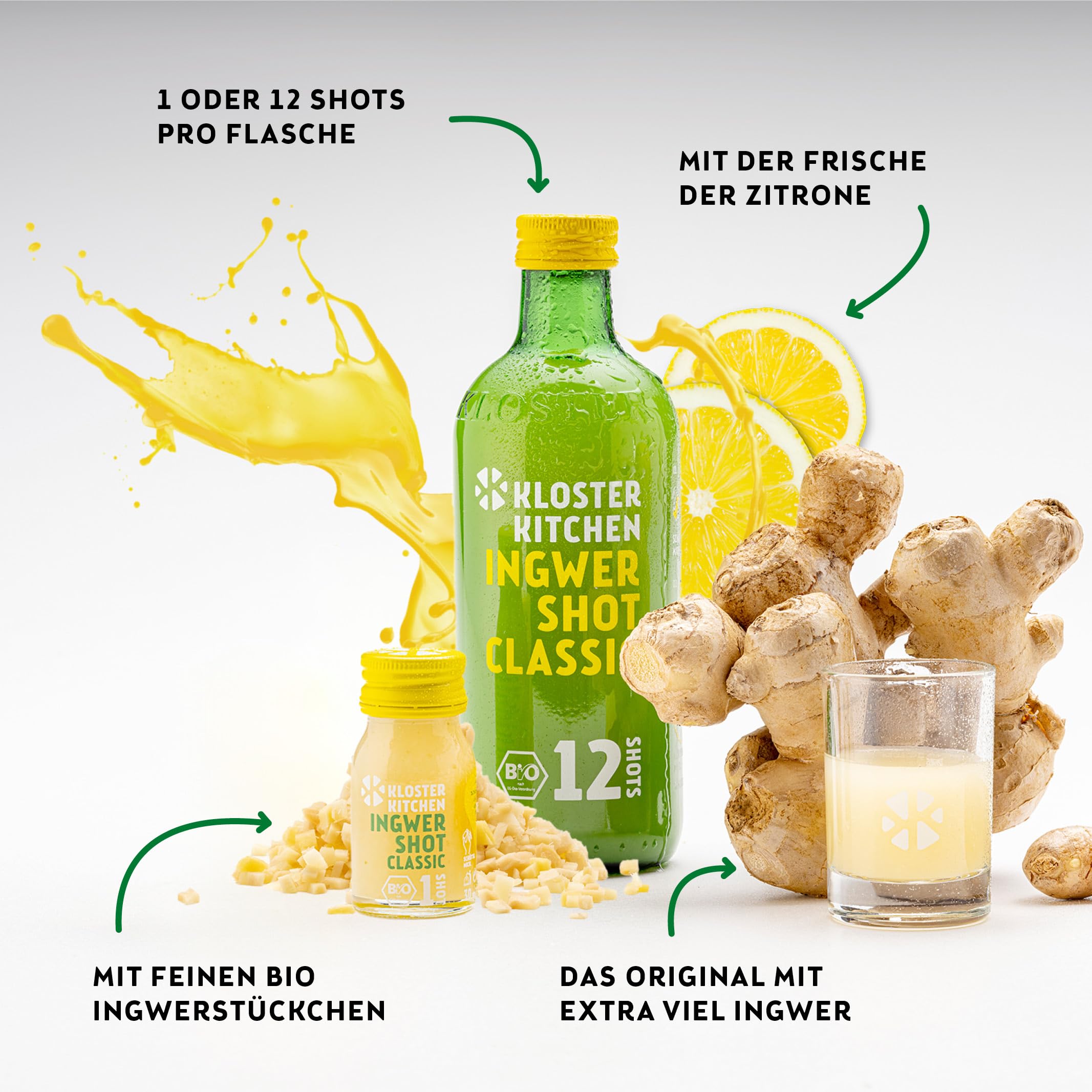 Kloster Kitchen Organic Ginger Shot Tasting Set L I 5 gusti 5x 360 ml + 5x 30 ml I Set regalo Ginger Shot vegan I dolce e piccante & con dolcezza naturale (incl. 1,25€ di deposito)