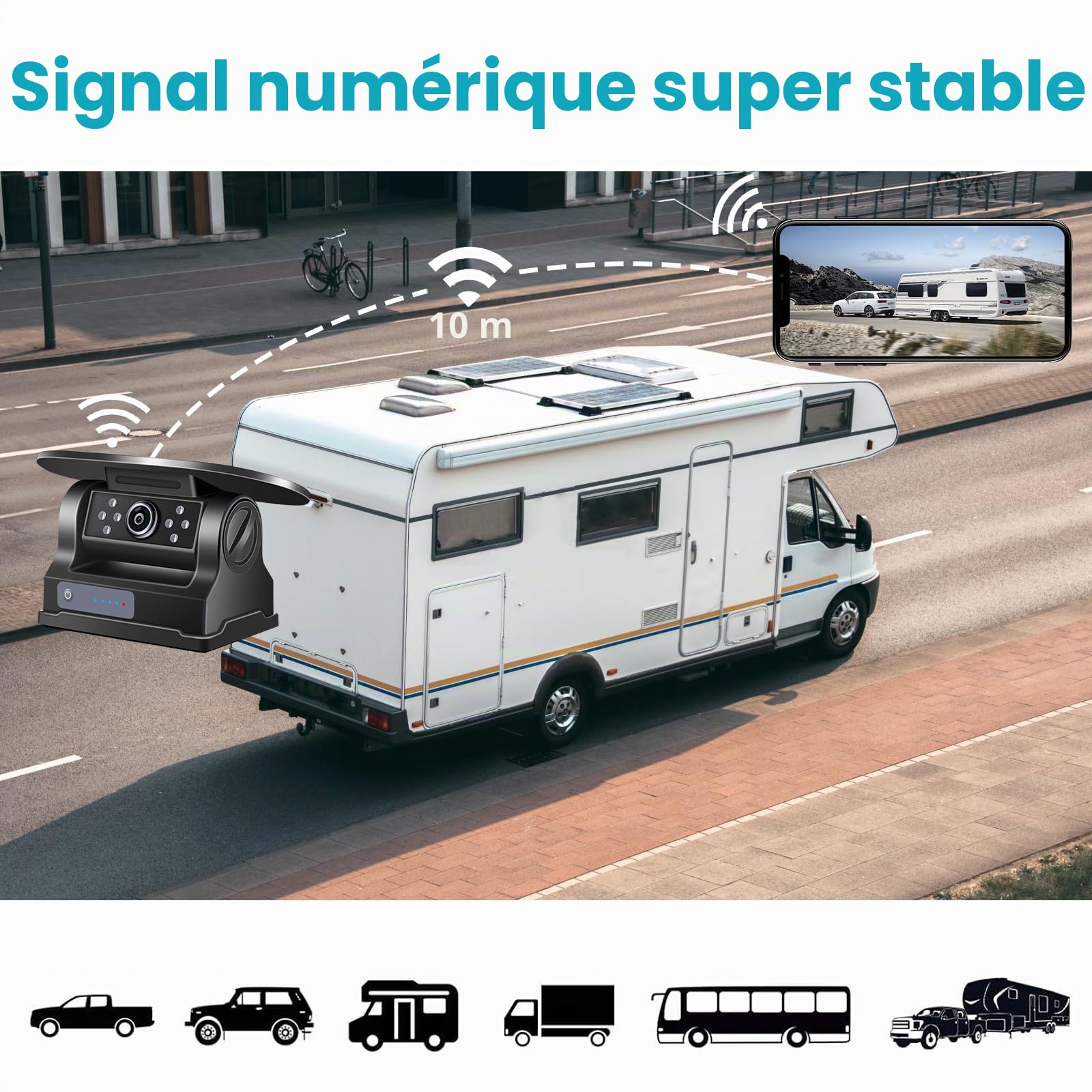 Caméra de recul Solaire WiFi, caméra de recul magnétique sans Fil, FHD 1080p, Vision Nocturne Infrarouge, étanche IP69K, pour iPhone Android, Aide au stationnement, Voiture, Camping-Car