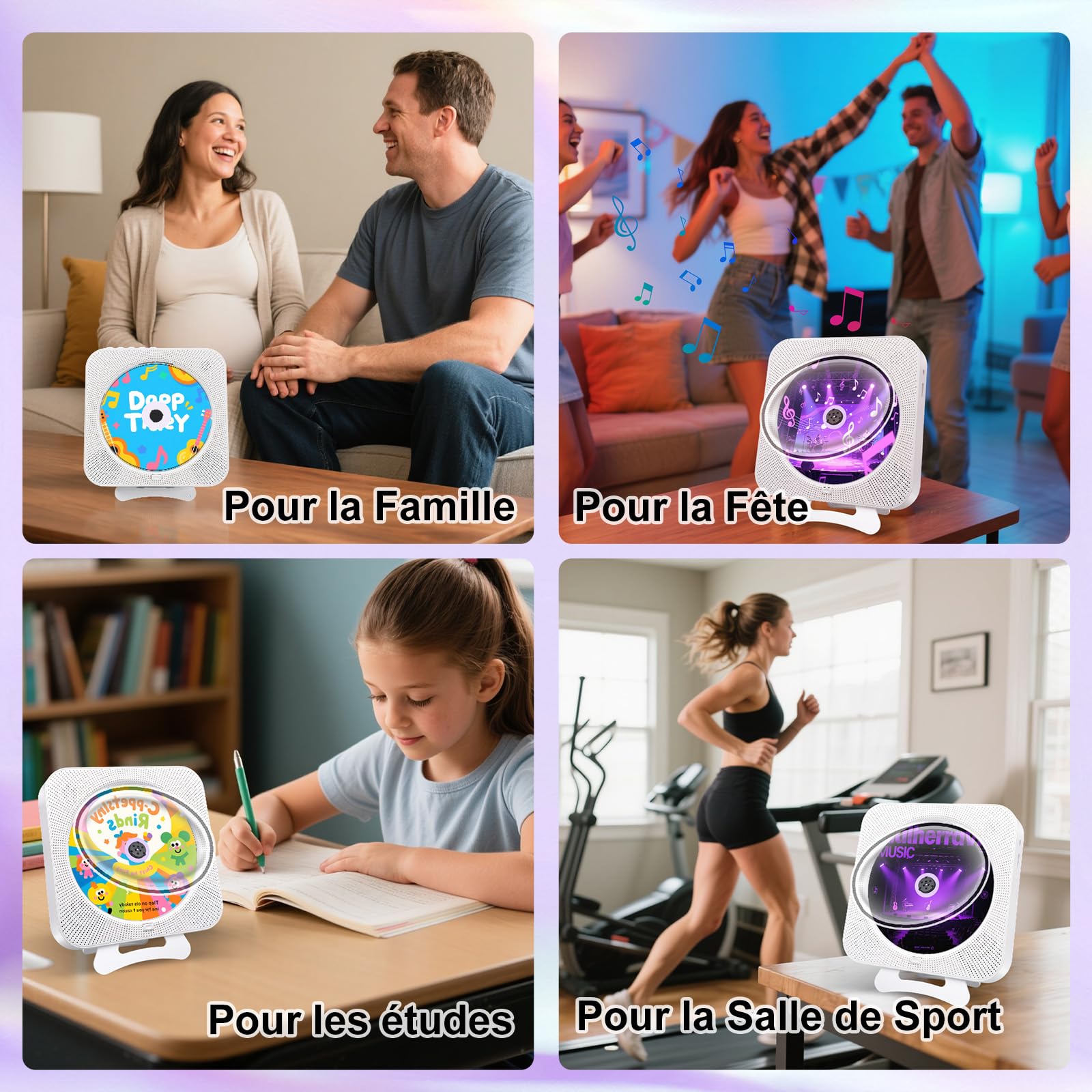 Lecteur CD Portable Bluetooth, Lecteur de CD de Bureau avec Haut-Parleur HiFi Intégrés, écran LED Audio avec Télécommande Prise Radio FM USB AUX, Blanc