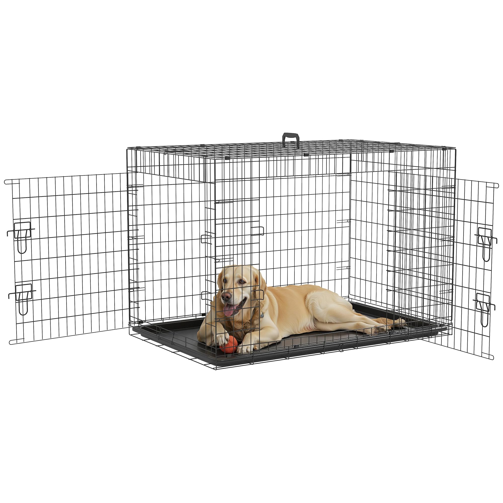 PawHut Transportín de Perro de 2 Puertas Jaula de Alambre para Perros Plegable con Asa Acero 121x74,5x81 cm Negro