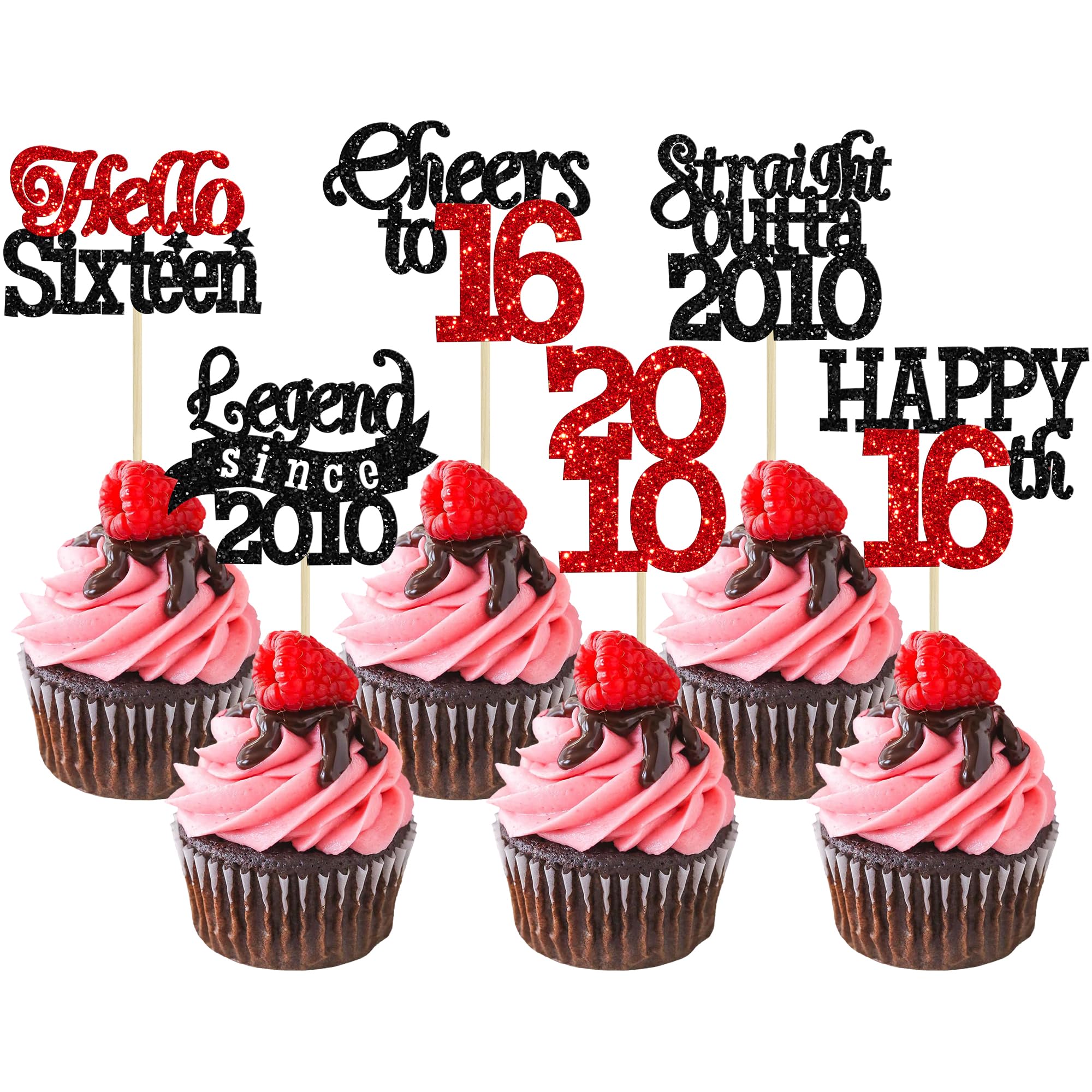 Gyufise 24Pcs Happy 16th Birthday Cupcake Toppers Sweet 16 Legend Since 2010 Cupcake Picks Cheers to 16 Years Cake Decorations for 16th Birthday Anniversary Party Decorations Supplies Black Red