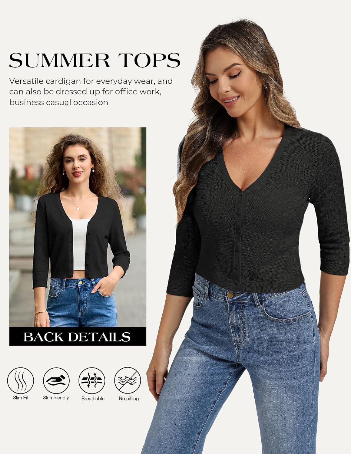 Belle Poque Womens Summer Cropped Cardigan Sweaters Lightweight Crochet Bolero Shrugs 3/4 Sleeve Button Down V Neck Cardigans - Image 9