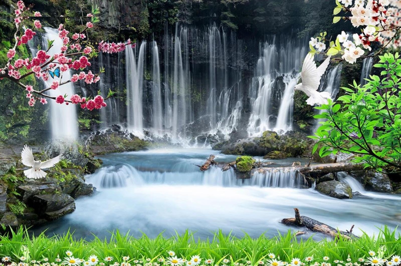 Y Mural Wallpaper Fresh Waterfall Flowers and Birds 450x300cm