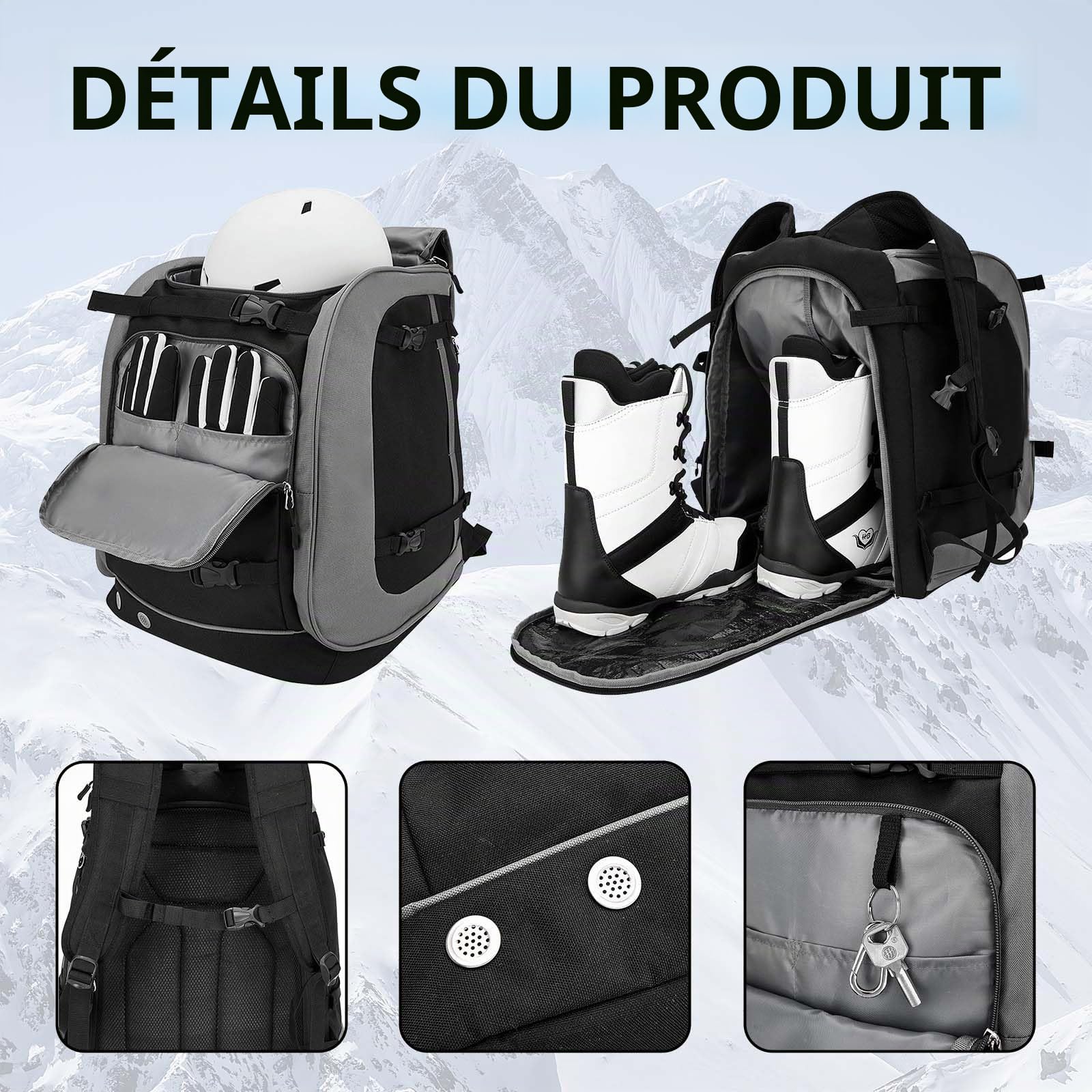 Sac à Chaussures De Ski, Grand Sac De Ski 65 L Pour Chaussures De Ski De Sport Sac à Dos De Ski De Randonnée Utilisable Pour Le Snowboard Les Chaussures De Ski Les Patins à Glace Le Casque Gants