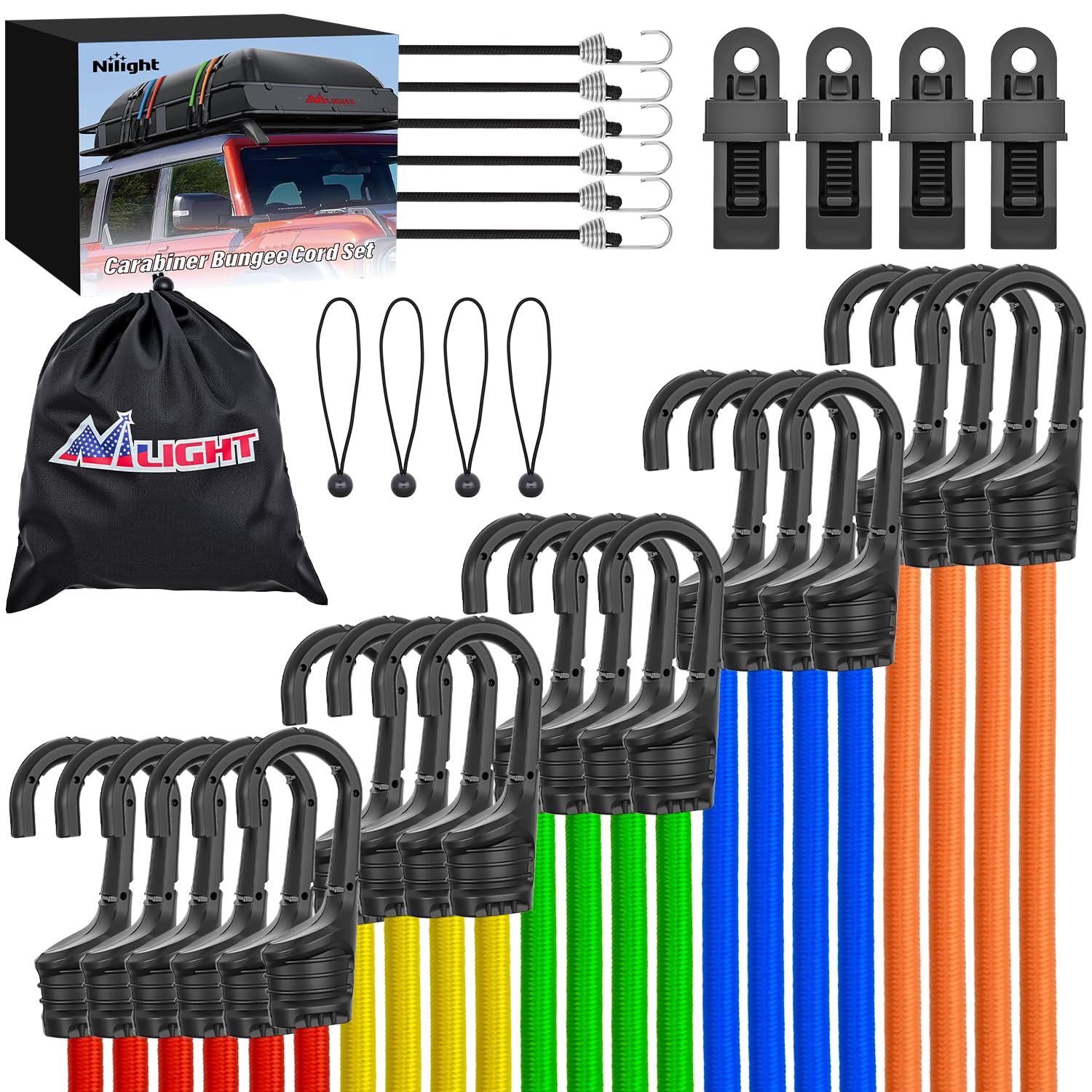 Nilight Ultimate Heavy Duty Outdoor Bungee Cord Assortment | Includes 36 Pcs (18" 24" 32" 40" 48") with Hooks for Camping Securing and DIY