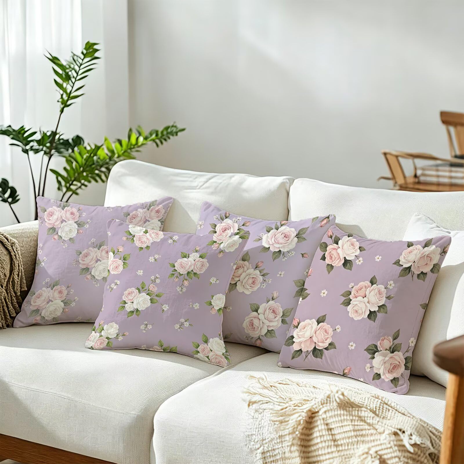 Viola Federe Cuscini Divano 50x50cm, Cuscini da Esterno Set de 4, Cod-30 | Velour Copricuscini Decorativi Letto Arredo, per Letto, Soggiorno, Giardino, Esterno, Casa Decorazione Set di 4 Fiore