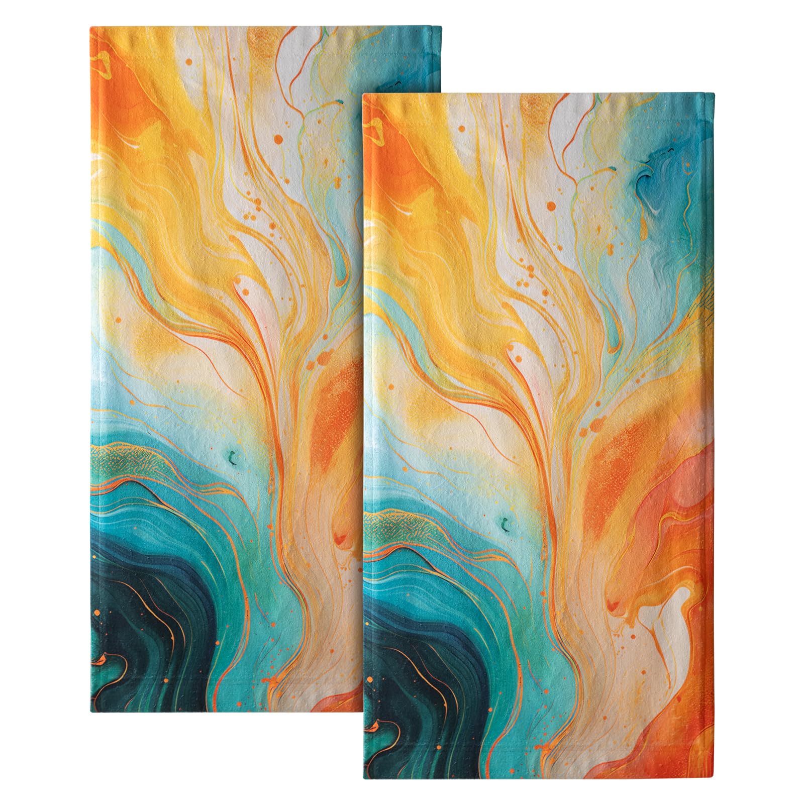 Giwawa Orange Teal Marble Hand Towels - Marble Hand Bath Towel Set of 2 Abstract Modern Luxury Texture Bathroom Towel Guest Towels Kitchen Dish Towel