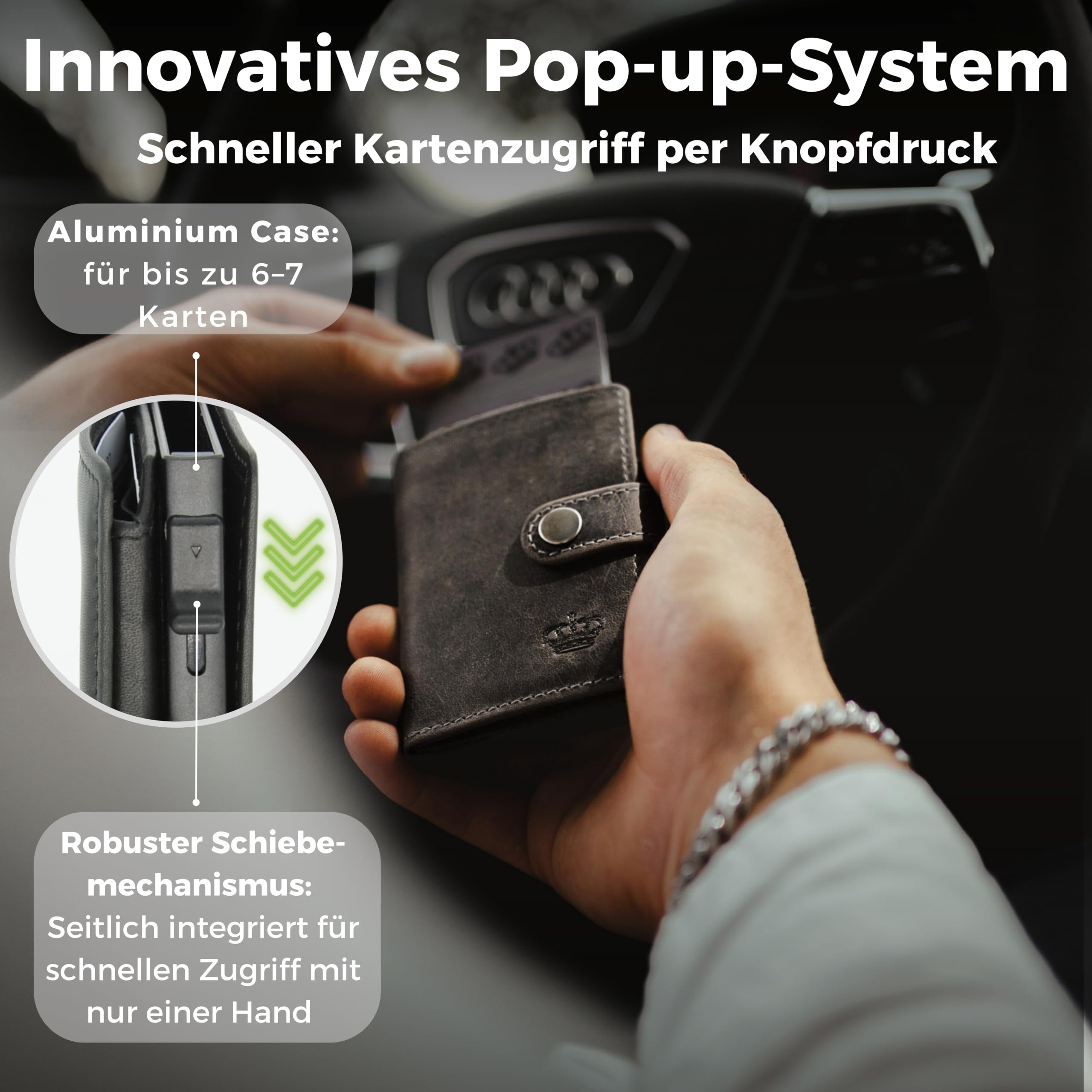 Baur Slim Wallet aus echtem Leder – Kreditkartenetui mit Aluminium Pop-Up Case & RFID-Schutz – Kleine Geldbörse für Herren mit Münzfach – Smart Wallet (Münzfach mit Reißverschluss, Büffelleder Grau)