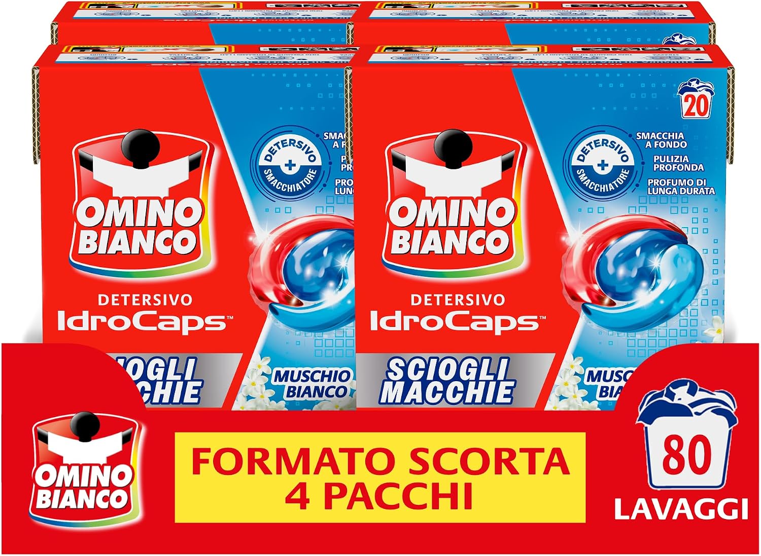 Omino Bianco Idrocaps Detersivo Lavatrice Sciogli Macchie, 20 Caps x 4