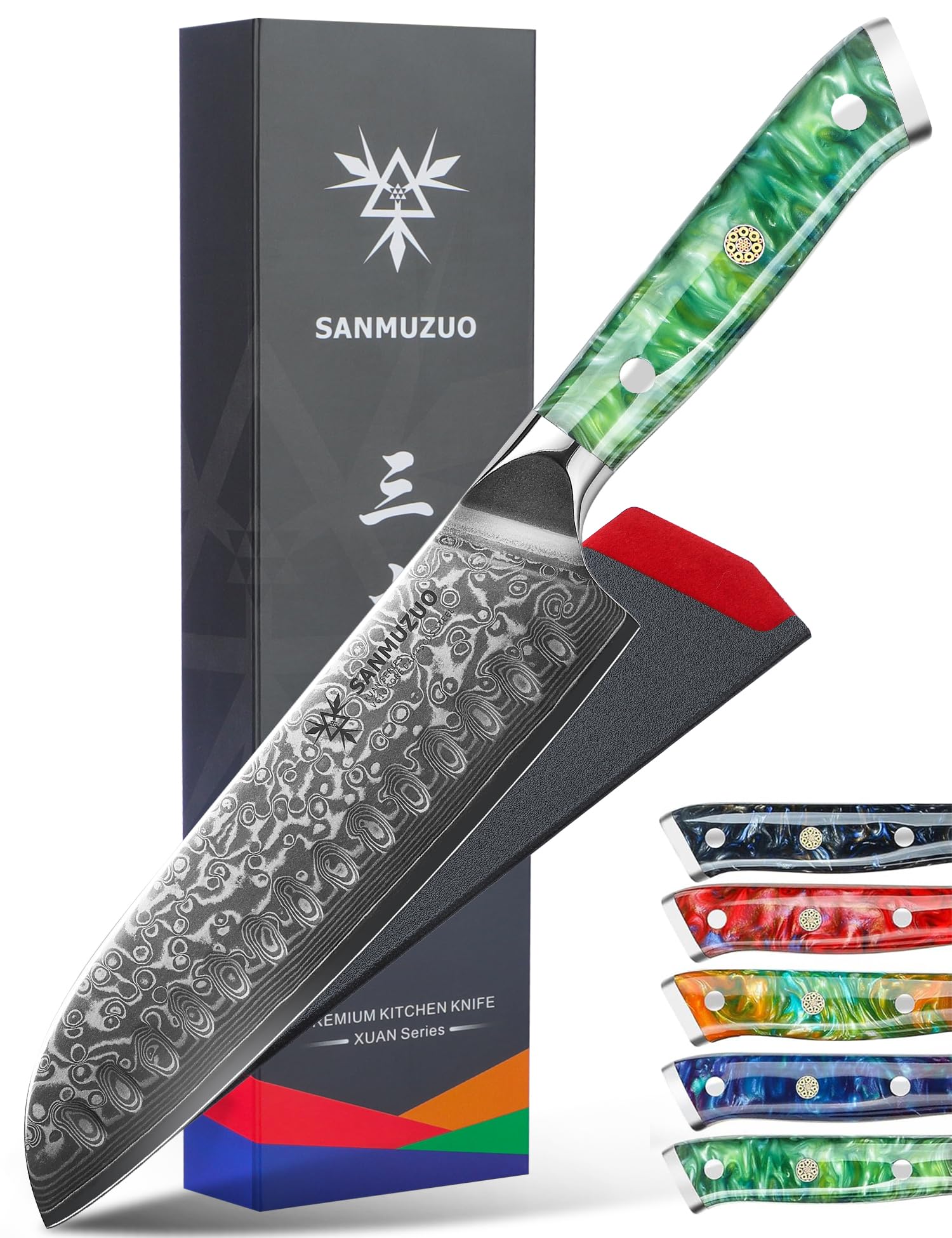 Santoku Knife - 7 inch - Xuan Series - VG10 Damascus Steel Kitchen Knife - Resin Handle (Jade Green)