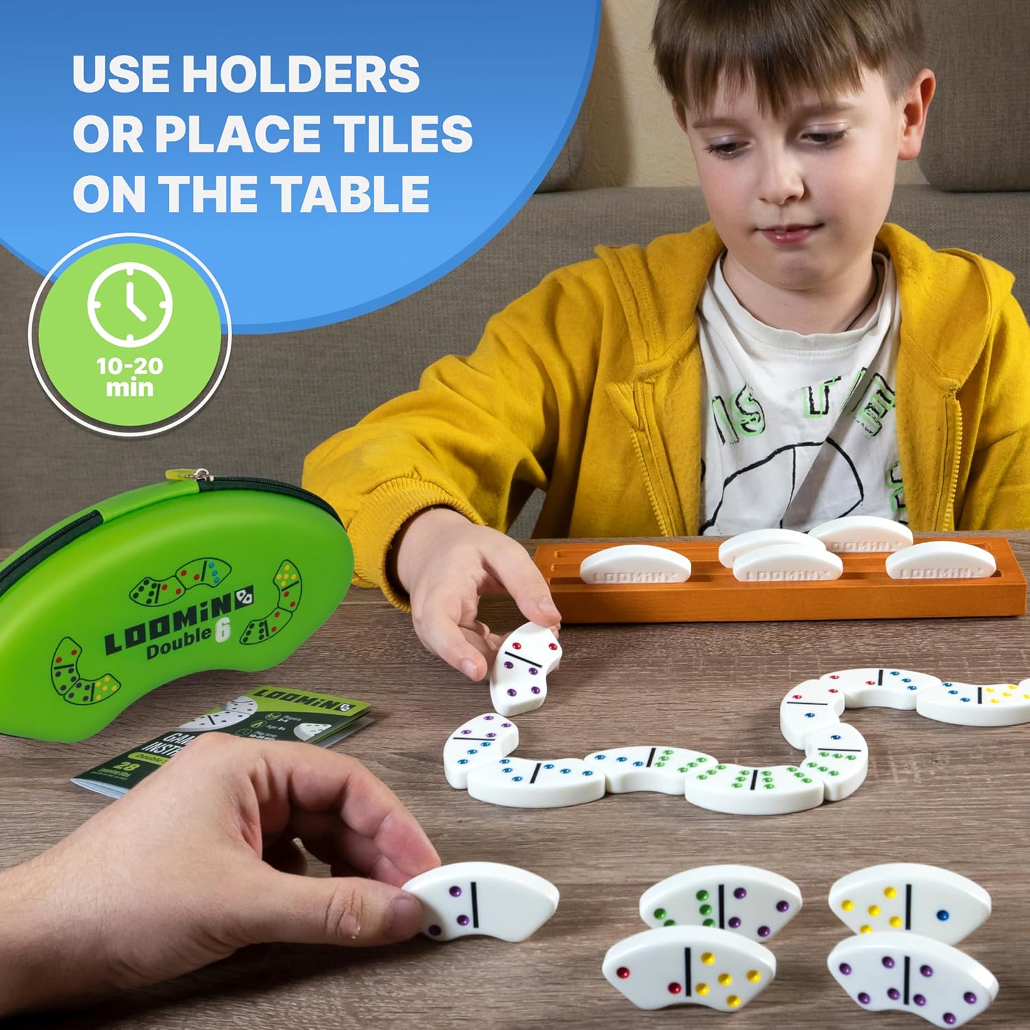 Queensell Loomino Double 6 + Loomino Holders - Set of 4 + Double 6 Dominoes