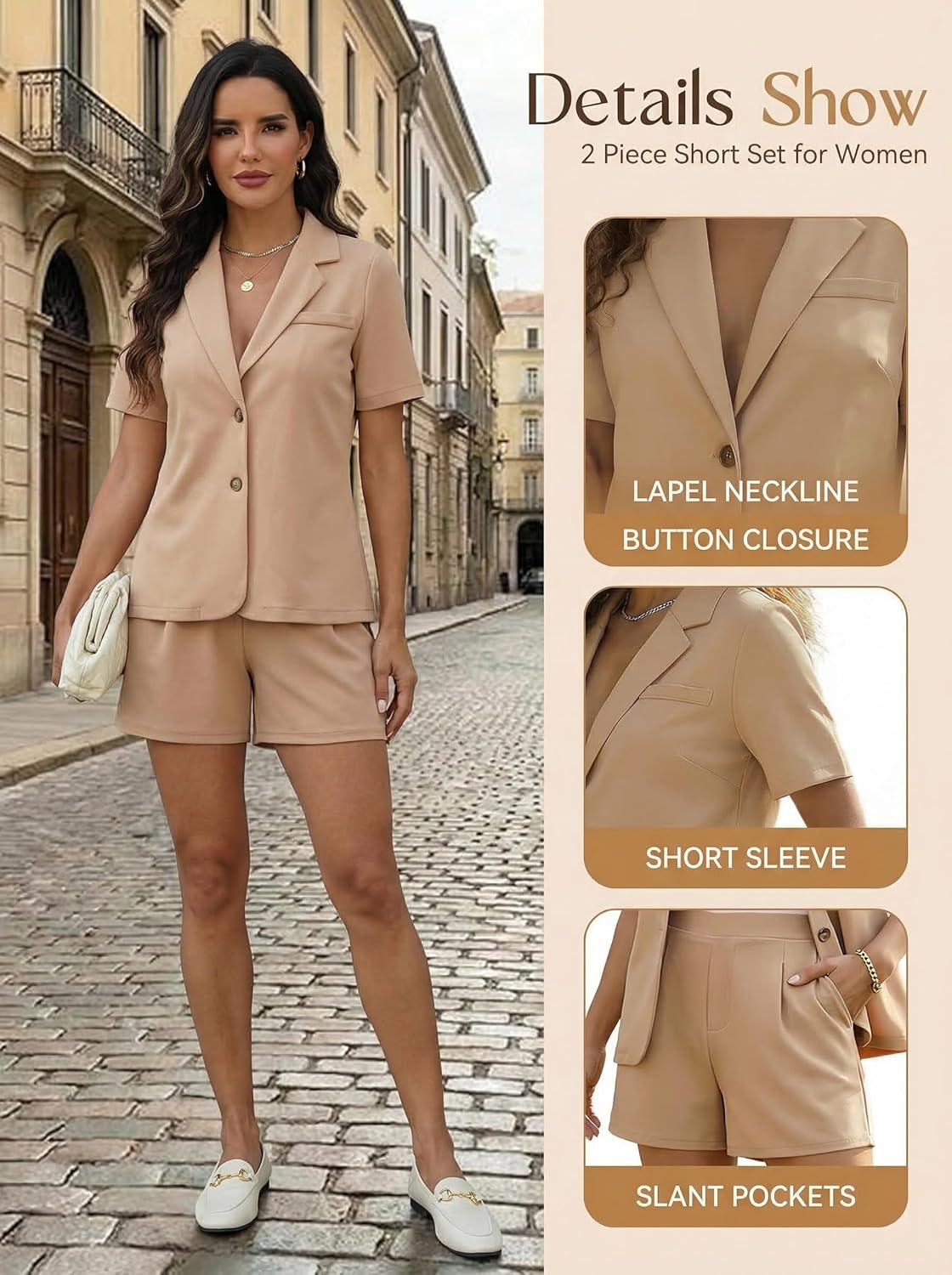 MorwenVeo Two Piece Suit Sets for Women Summer Business Casual Outfits Short Sleeve Blazer Wide Leg Shorts Set