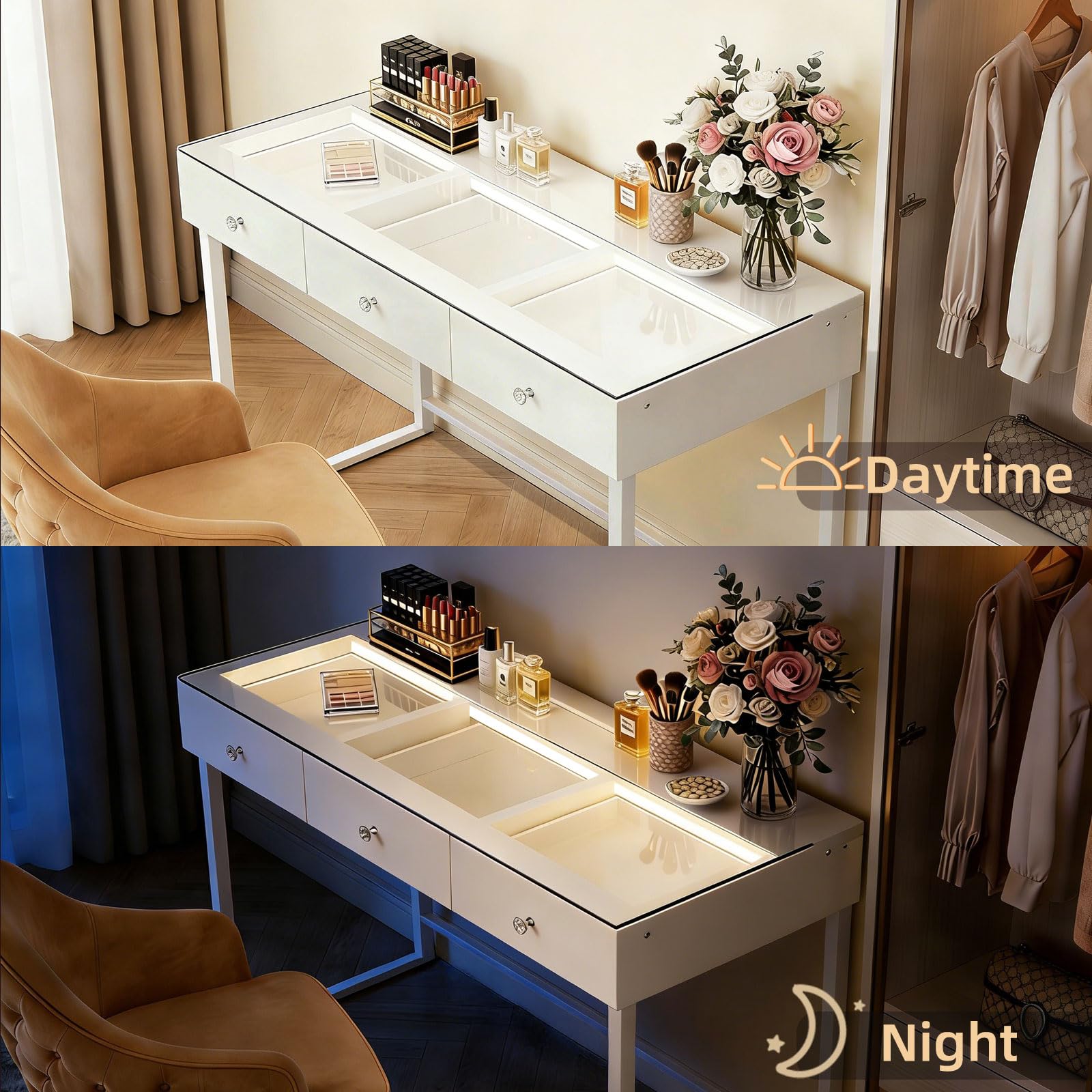 FENCHILIN Schminktisch mit Beleuchtung 3 großen Schubladen 115 x 55 x 81 cm | Schminktisch mit 3 Lichtfarben und transparenter Tischplatte aus gehärtetem Glas für Schlafzimmer und Ankleidezimmer Weiß