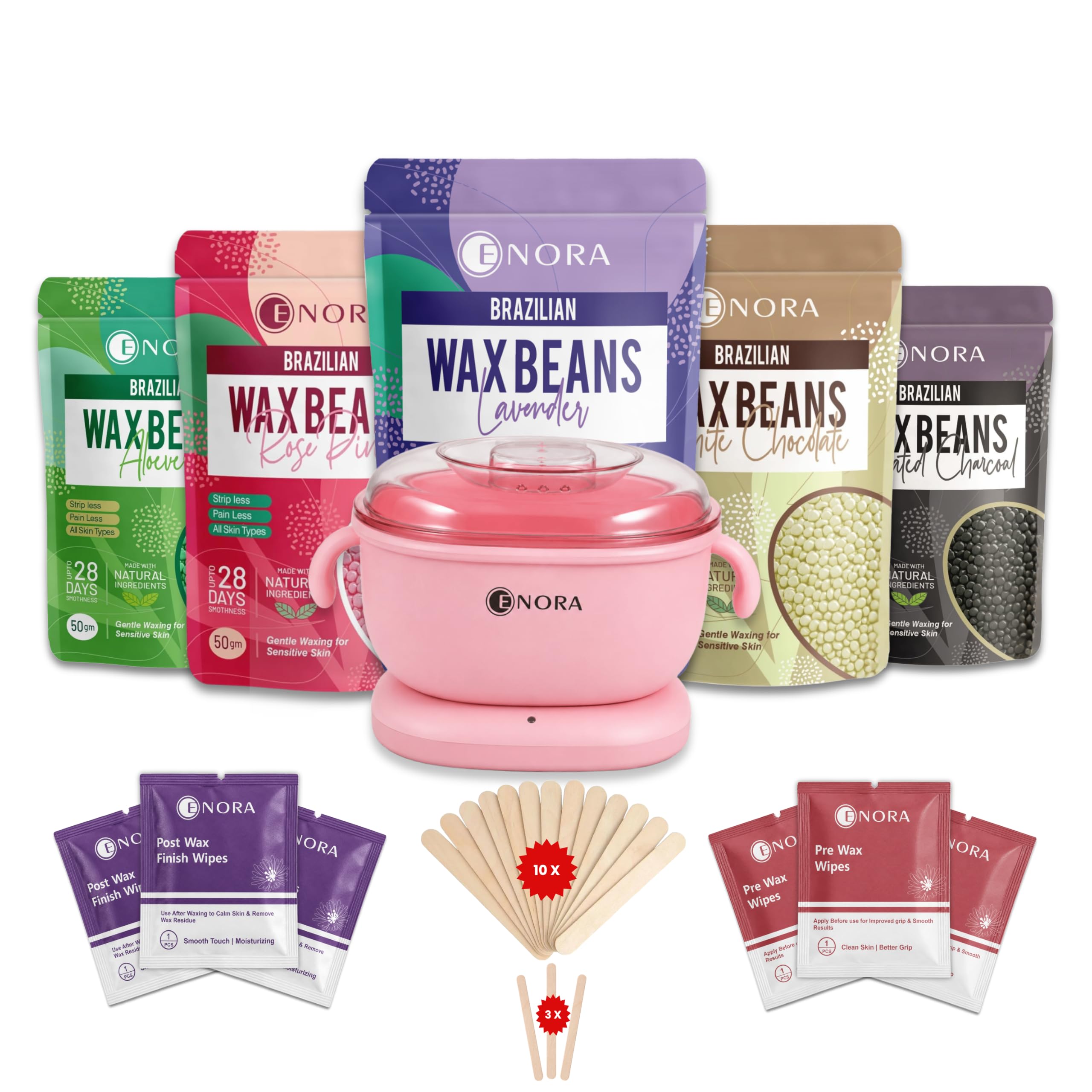 ENORA Premium Waxing Kit for Women - Silicone Wax Warmer for Hair Removal, Eyebrow, Bikini, Legs, Face, Brazilian Wax & More - Machine + 5-Pack Hard Wax Beads (50 g)+ Accessories