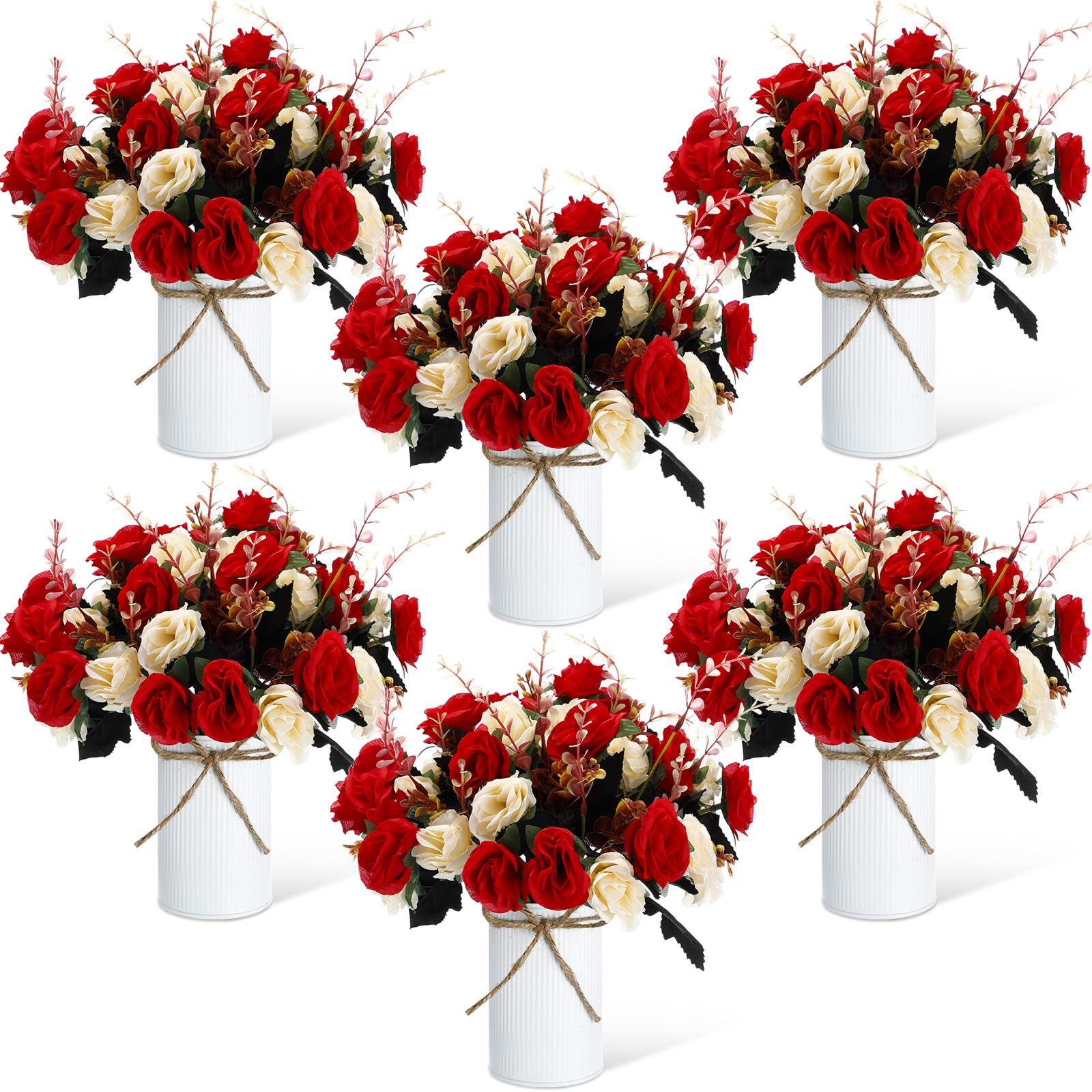 Photo 1 of Domensi 6 Sets Wedding Centerpiece for Table Artificial Rose with Vase Fake Bouquets and Metal Pot Floral Arrangements for Mother's Day Holiday Party Event Table Decor (Red)