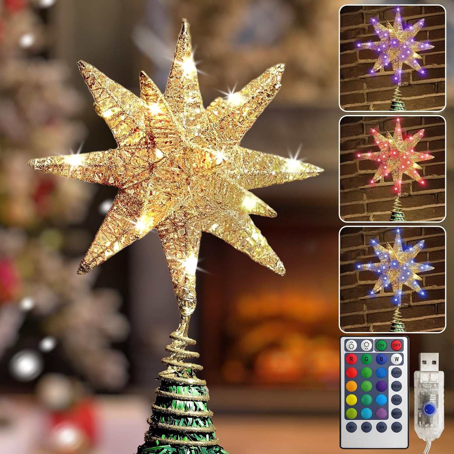 Christmas Tree Topper Star Champagne Gold with Colour & Warm 50 LED Lights, Star Tree Topper for Christmas Tree Tradition Moravian Decor, Estrella para Arbol De Navidad